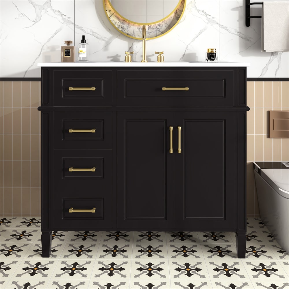 AAZJ lack Single Sink Vanity with 4 Drawers 18.3-in Black Single Sink Bathroom Vanity with white Ceramic Top