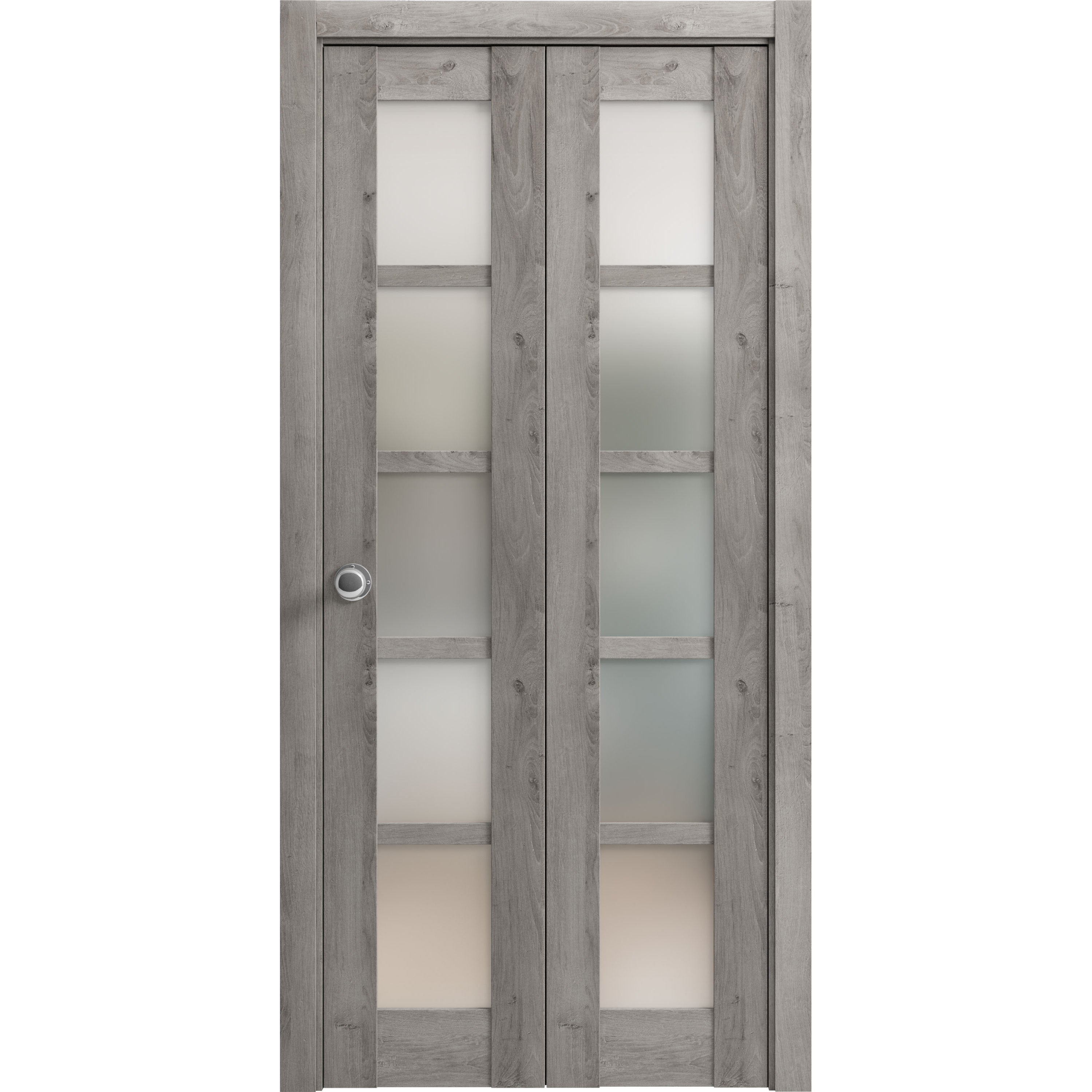 SARTODOORS Sliding Closet Bi-fold Doors 18 x 96 - Quadro 4002 Nebraska Grey with Frosted Glass - Sturdy Tracks Moldings Trims Hardware Set - Wood Solid Bedroom Wardrobe Doors