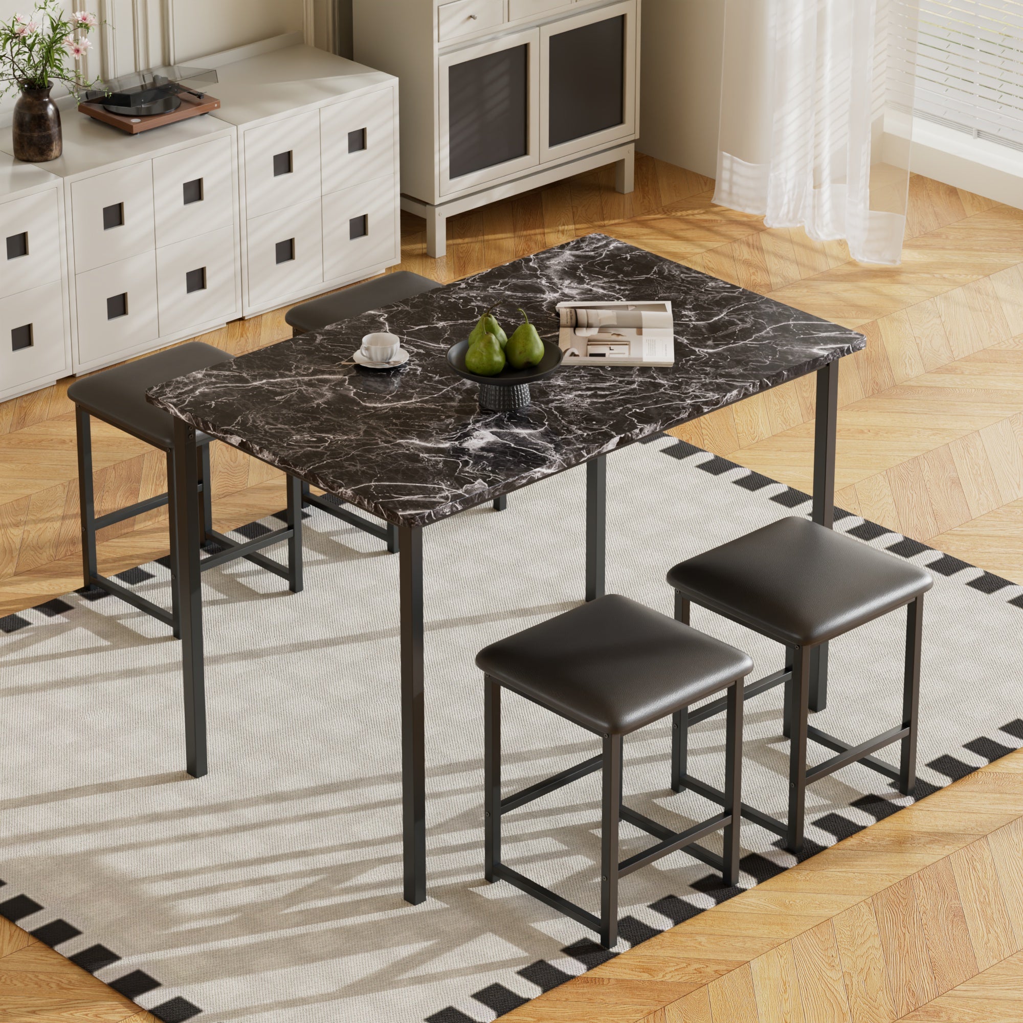 Vecelo LOE-XJM-TC22-MBY Modern Kitchen Table And Chairs For 4 Dining Room Set With PU Stools Heavy Duty Metal Frame Wood Pub Bar Table Set For Breakfast Small Space Living Room