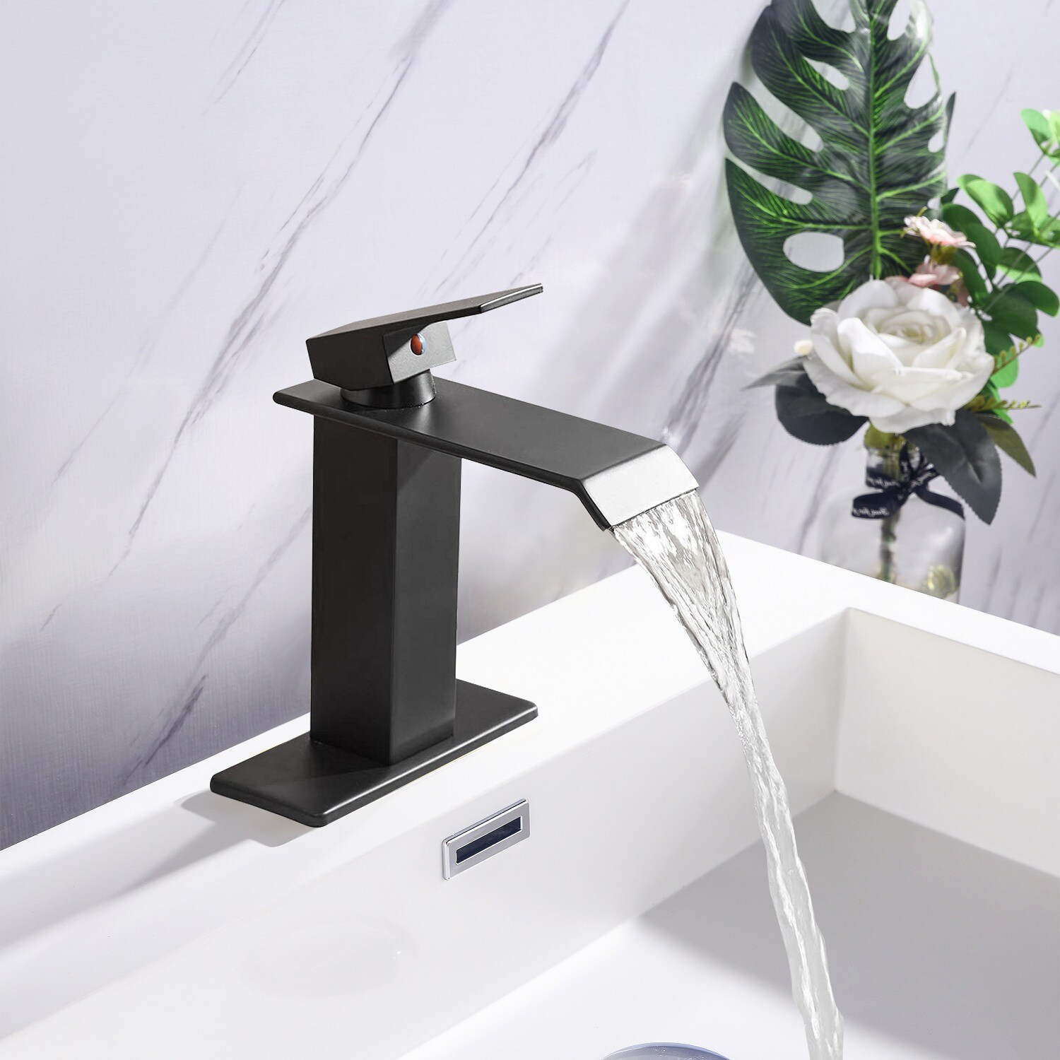 Mondawe Matte Black Single Hole 1-handle Waterfall Bathroom Sink Faucet ...