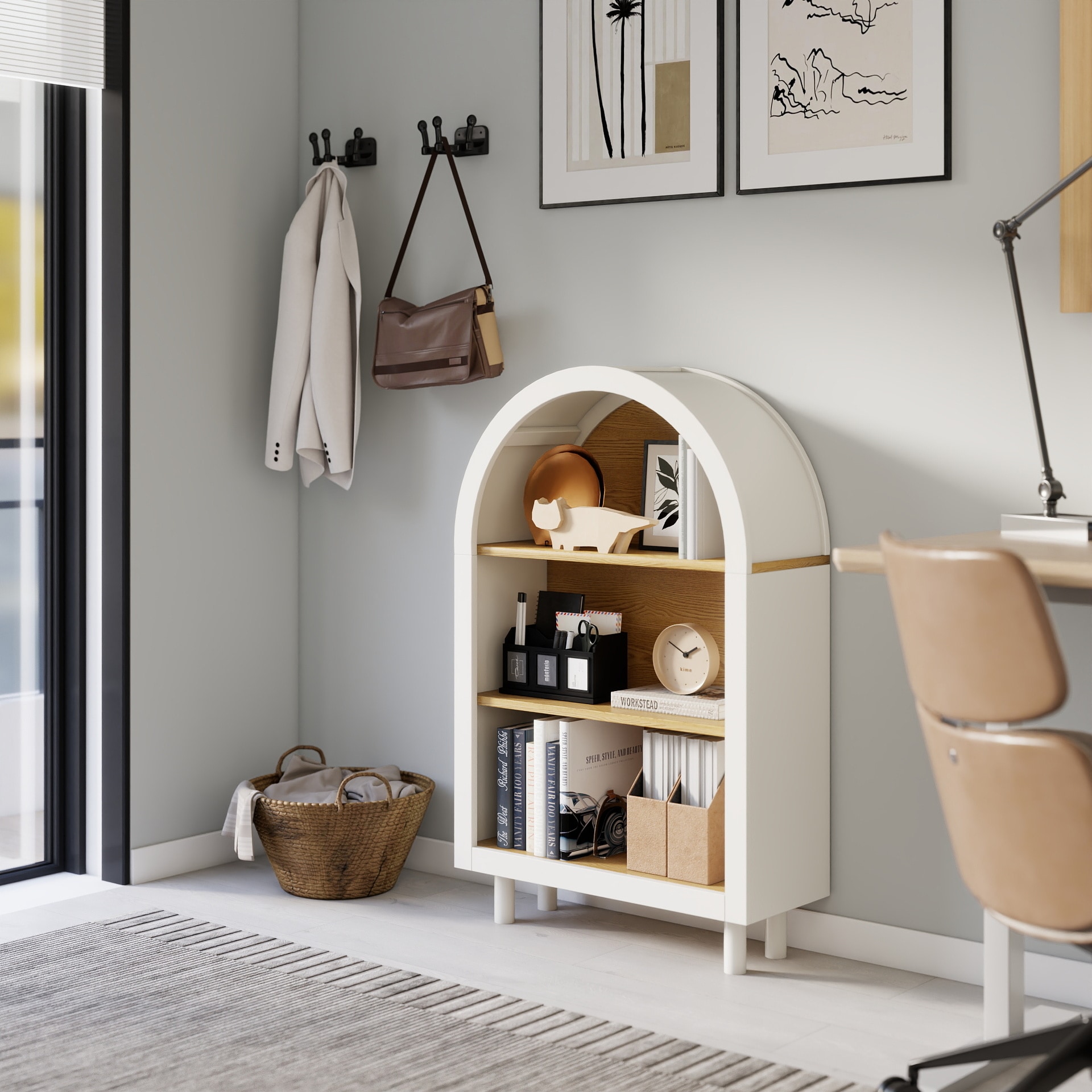 GDFStudio Modern Arched Top Wood 3 Tier Bookcase Storage Cabinet with Solid Wood Legs and Open Shelves White and Oak