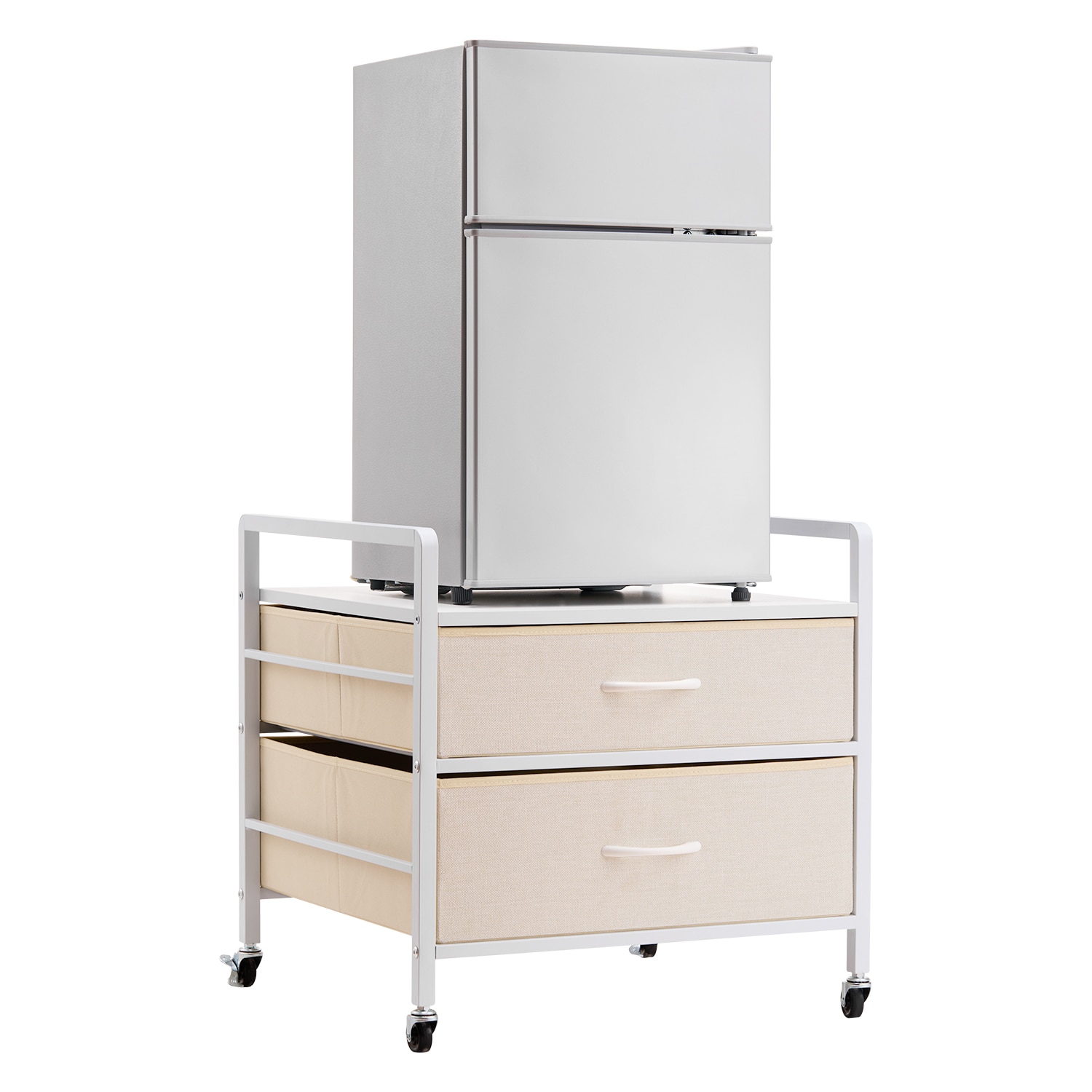 VEVOR SCCTKMNBXZJ206607V0 Mini Fridge Stand with Storage 176 lb-Capacity Mini Fridge Table with 2 Drawers and 4 Swivel Wheels Mobile Mini Fridge Shelf White Mini Fridge Organizer for Dorm Apartment Office Bedroom