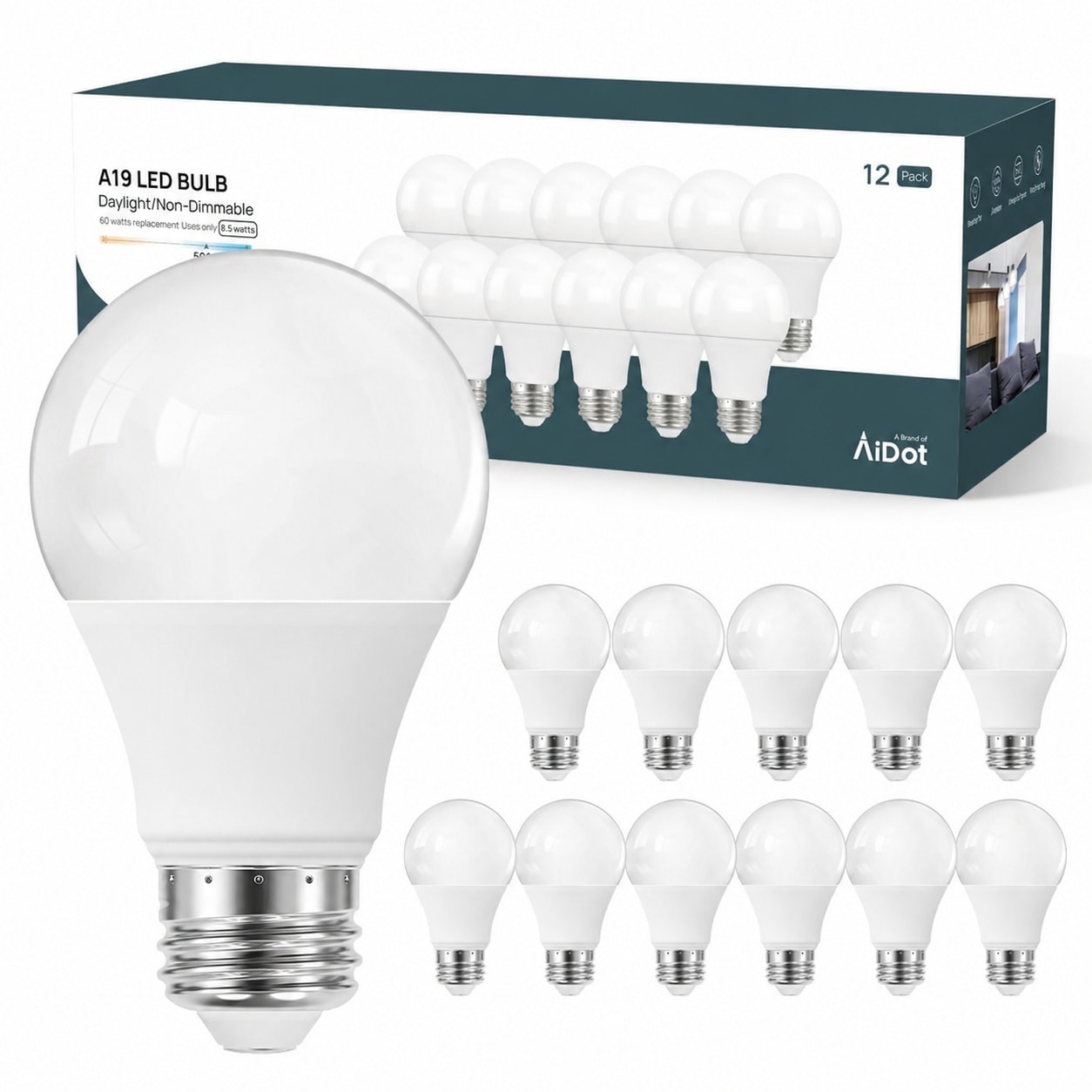 LAIFUCAM A19 LED Light Bulb 60 Watt Equivalent 8 5 Watt 5000K Daylight 840 Lumens Non Dimmable E26 Base Energy Efficient Long Lasting 12 pack