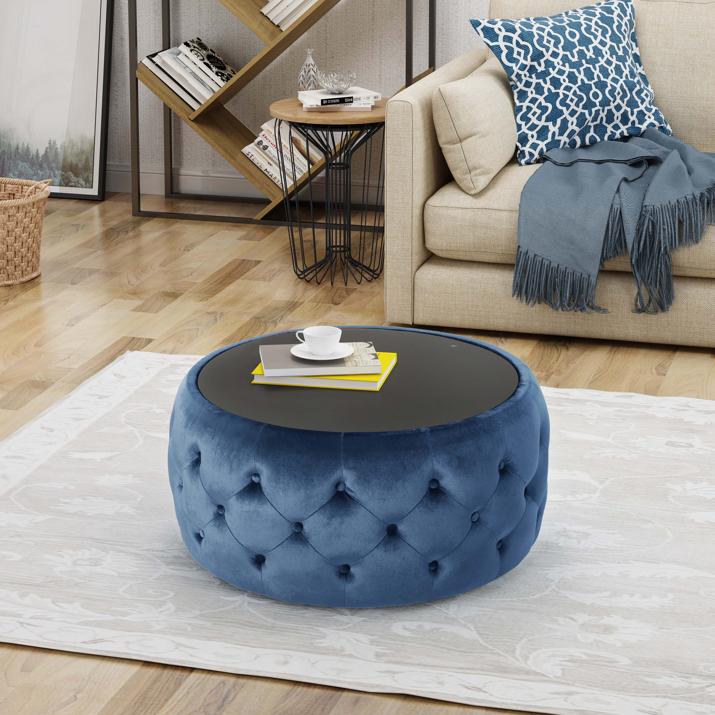 Christopher Knight Home 304793 Everstead Fabric Ottoman with Lift-Top Storage-Dark Blue