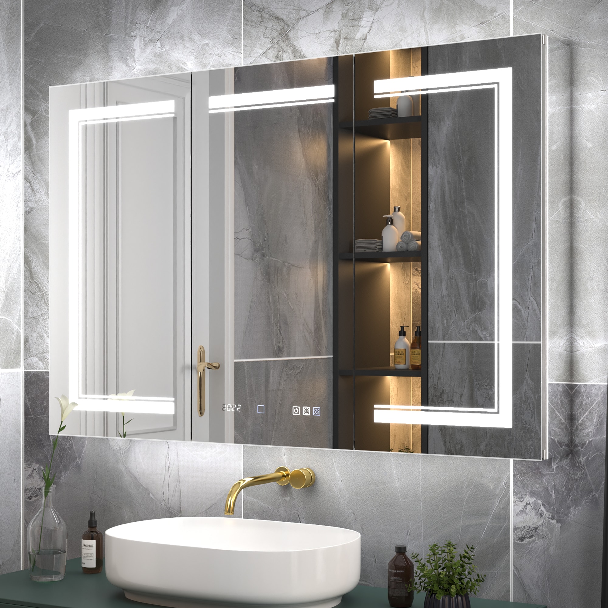 ExBrite W7MC7236 Glint 48-in x 32-in Lighted LED Fog Free Surface/Recessed Mount Lustra Silver Mirrored Rectangle Soft Close Medicine Cabinet with Outlet