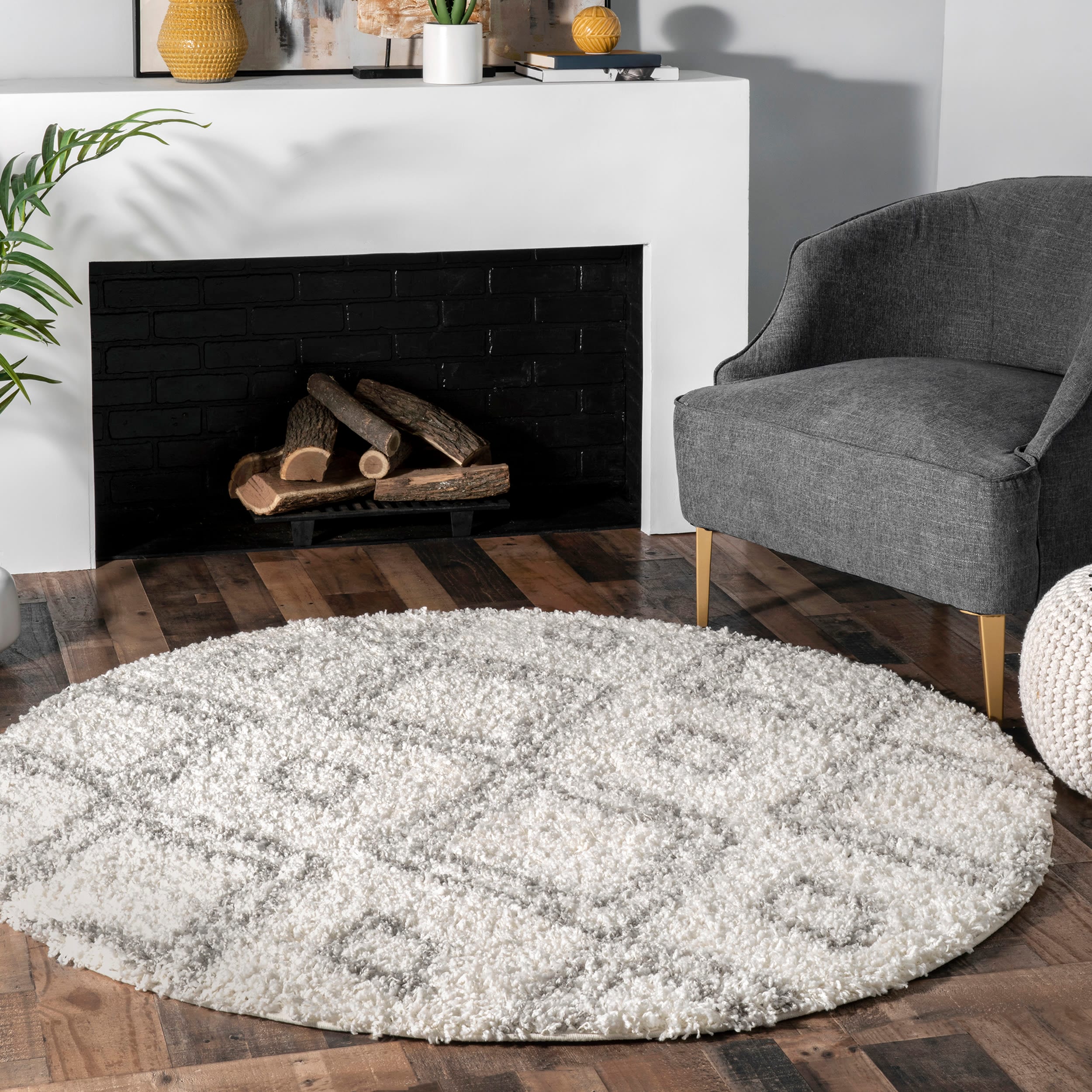 nuLOOM OZSG18A-53053R Easy Shag 5 x 5 (ft) Loomed Polypropylene White Round Indoor Geometric Moroccan Area rug