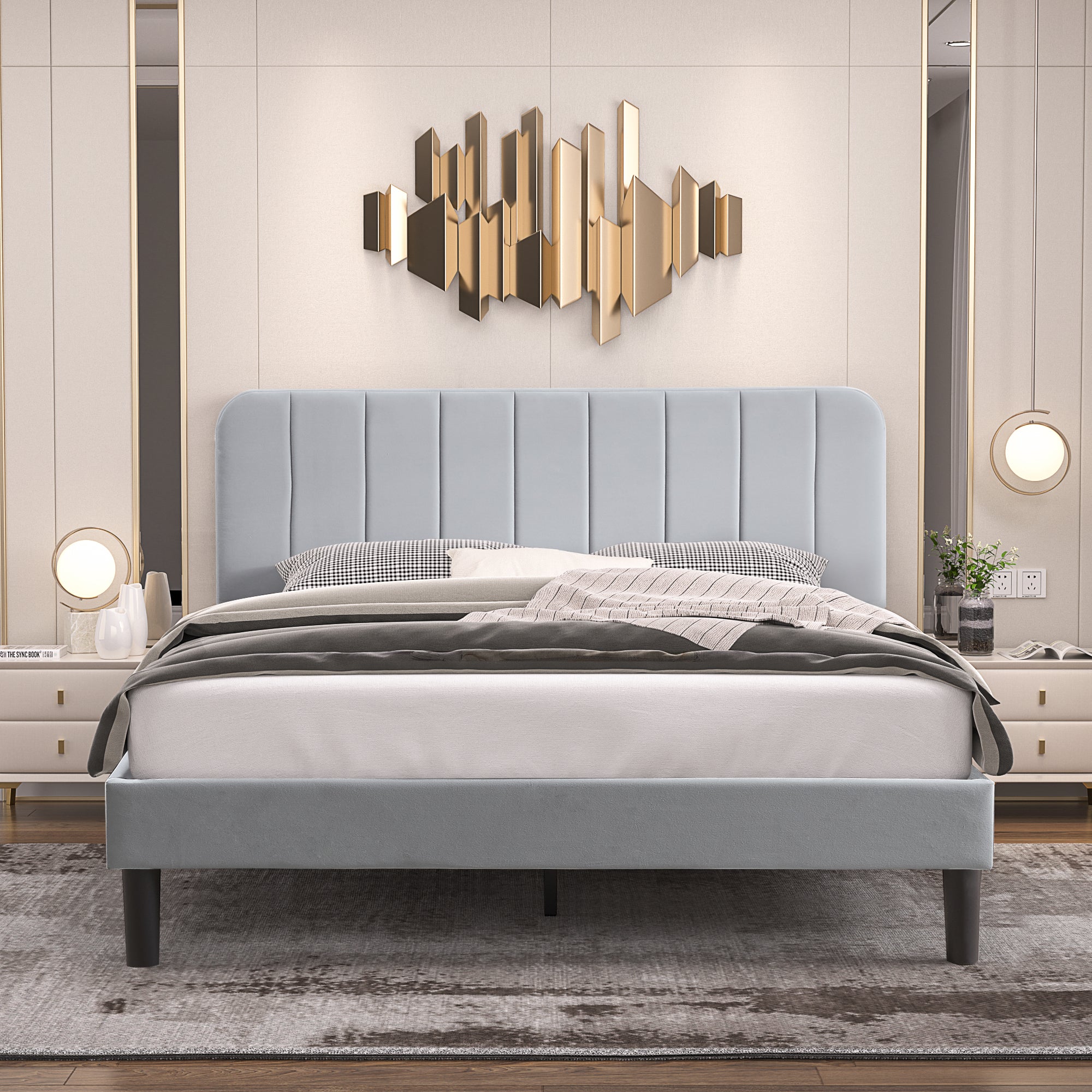 Vecelo LOE-CY-QB01-LGRY Queen Size Queen Bed Frame Velvet Upholstered Platform with Adjustable Headboard Wooden Slat Light Gray