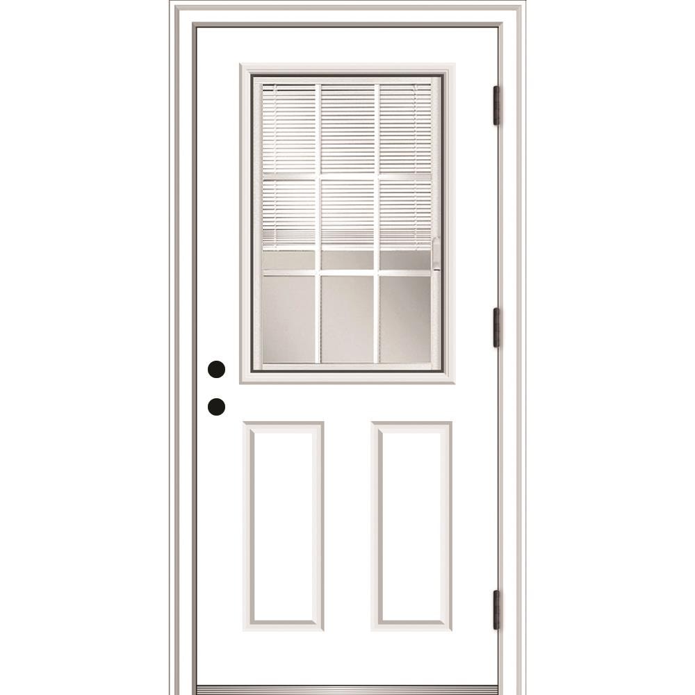 MMI DOOR ZZ364857L 36-in x 80-in x 6-9/16-in Fiberglass Half lite Left-hand outswing Primed Prehung Front Door with Brickmould Insulating core with Blinds and Grilles