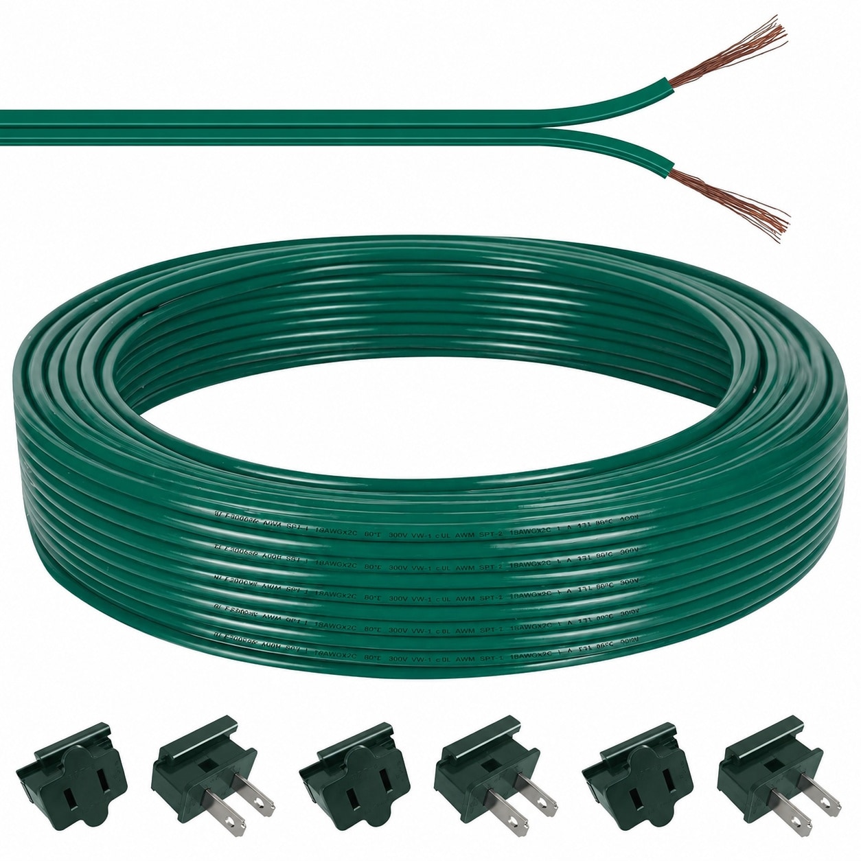 Misopily  60FT SPT 1 Low Voltage Extension Cord Kit 18 AWG 2 Conductor Electrical Wire with 6pcs Vampire Plugs for Outdoor Holiday and Landscape
