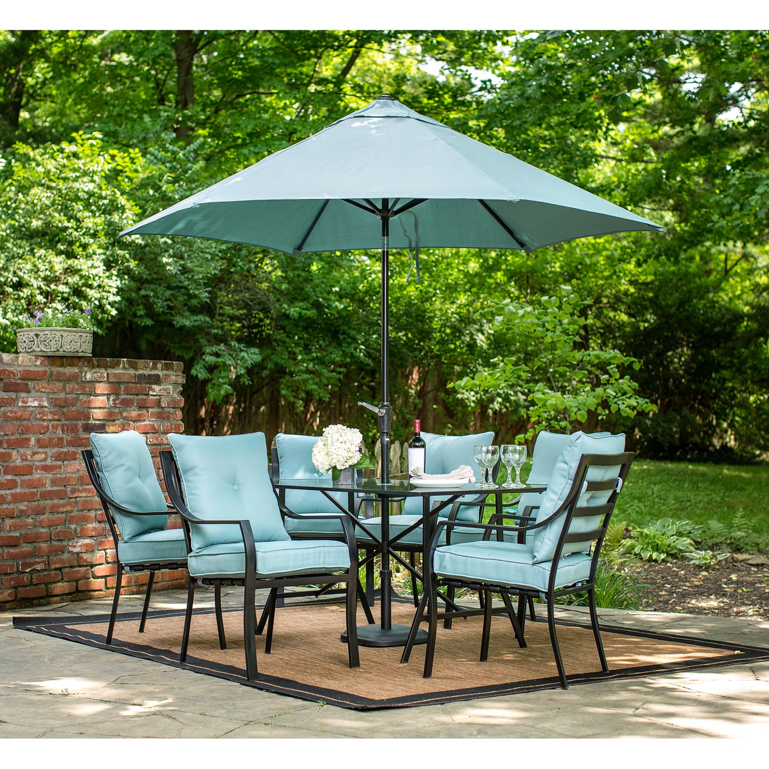Hanover LAVDN7PC-BLU-SU 8 -Piece Black Patio Dining Set Steel Rectangle Table with 6 Blue Cushions Stationary Chairs and Umbrella Included