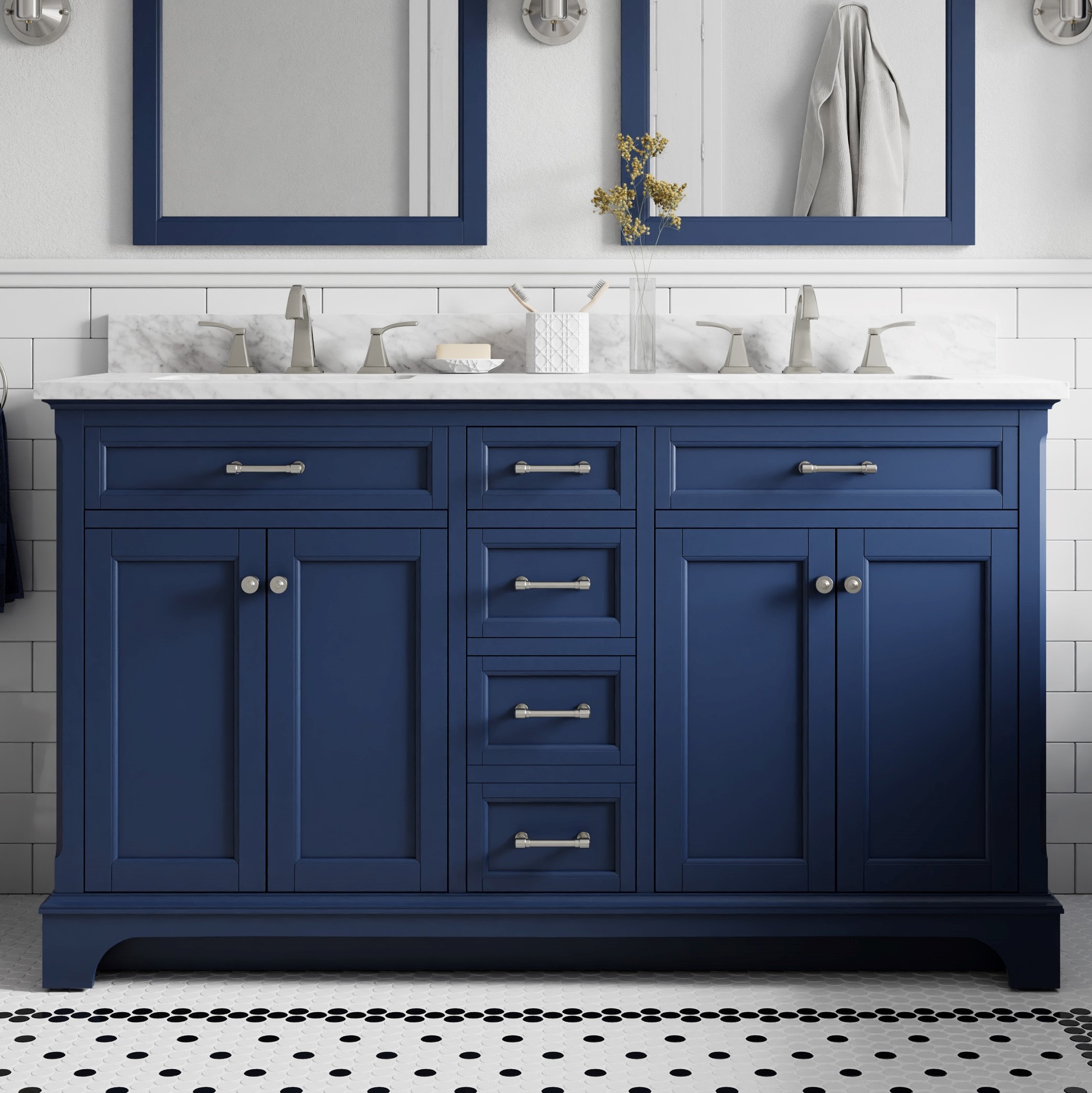 Roveland 60-in Royal Navy Undermount Double Sink Bathroom Vanity with Natural Carrara Marble Top in Blue | - allen + roth 2026VA-60-323-900