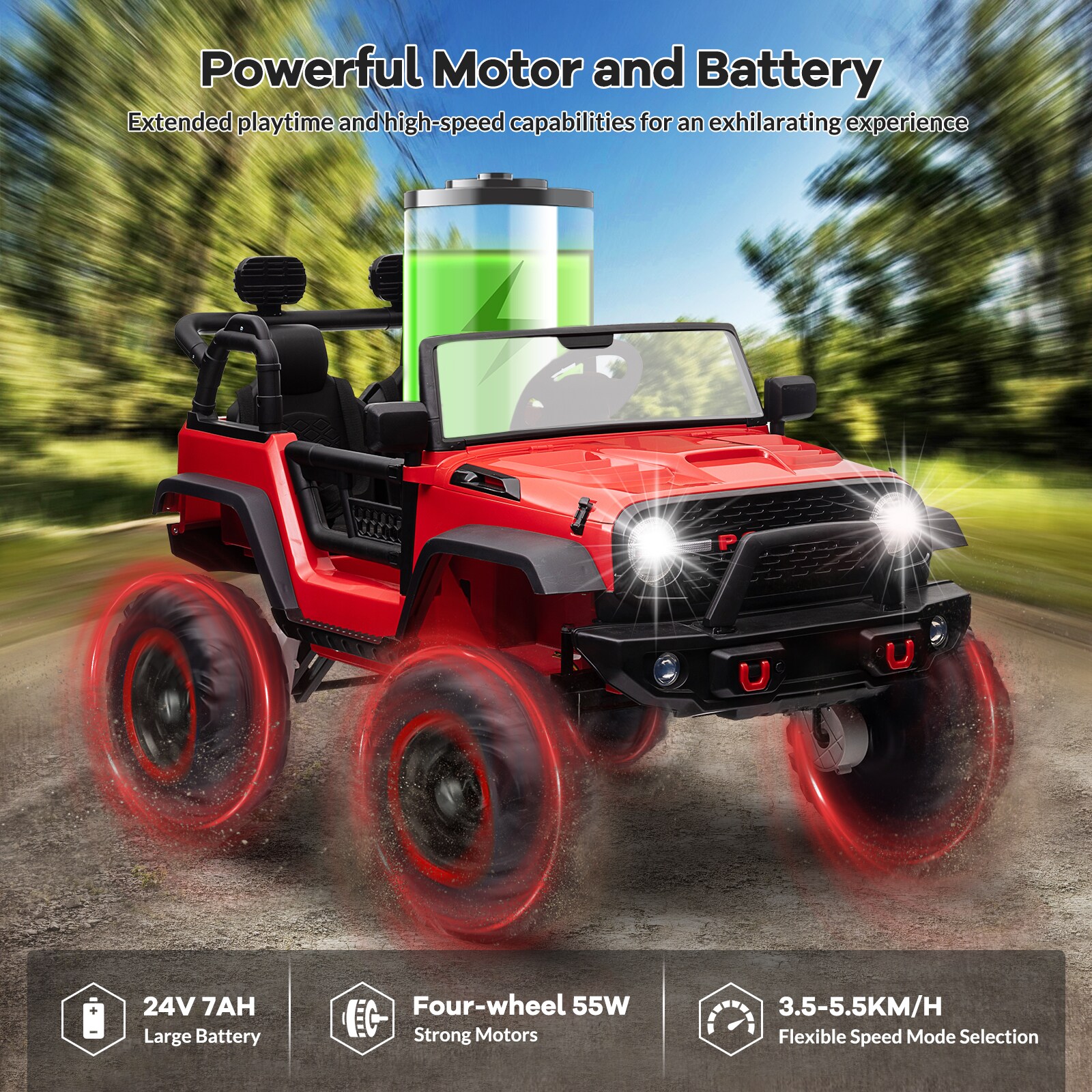 Qeetex 24V Kids Electric Ride On Car 2 Seater for Ages 3 to 8 Red