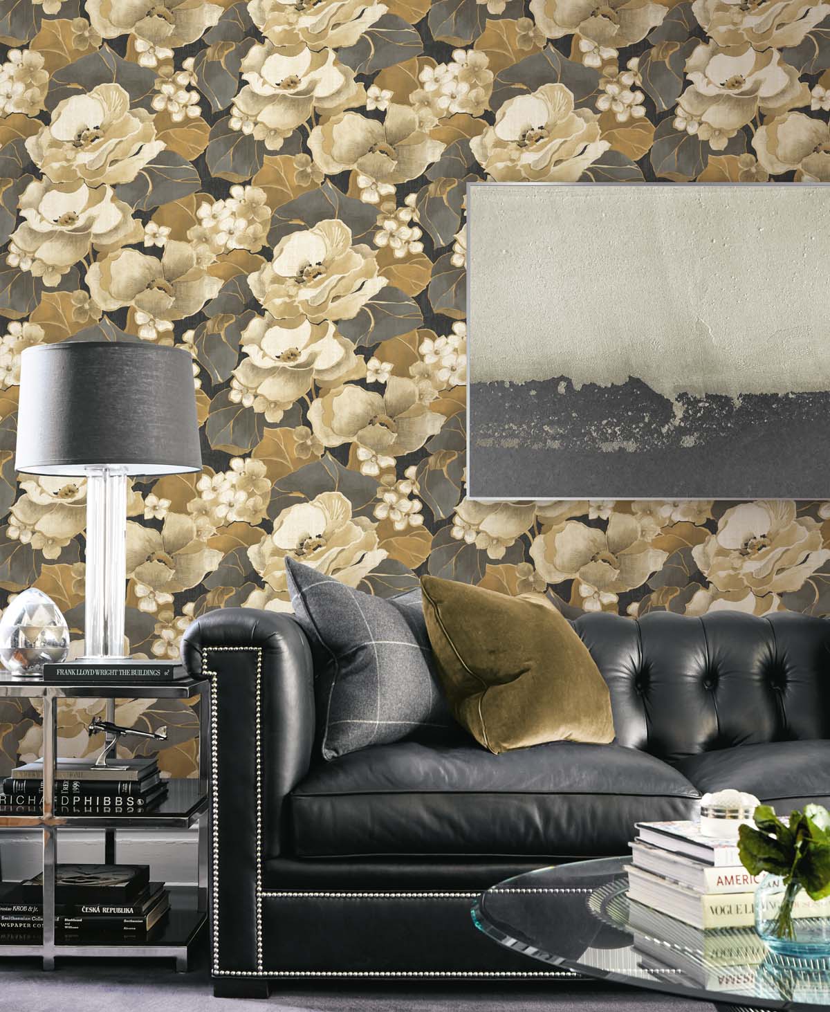 Ebony and Antique Gold Floral Peel and Stick Wallpaper