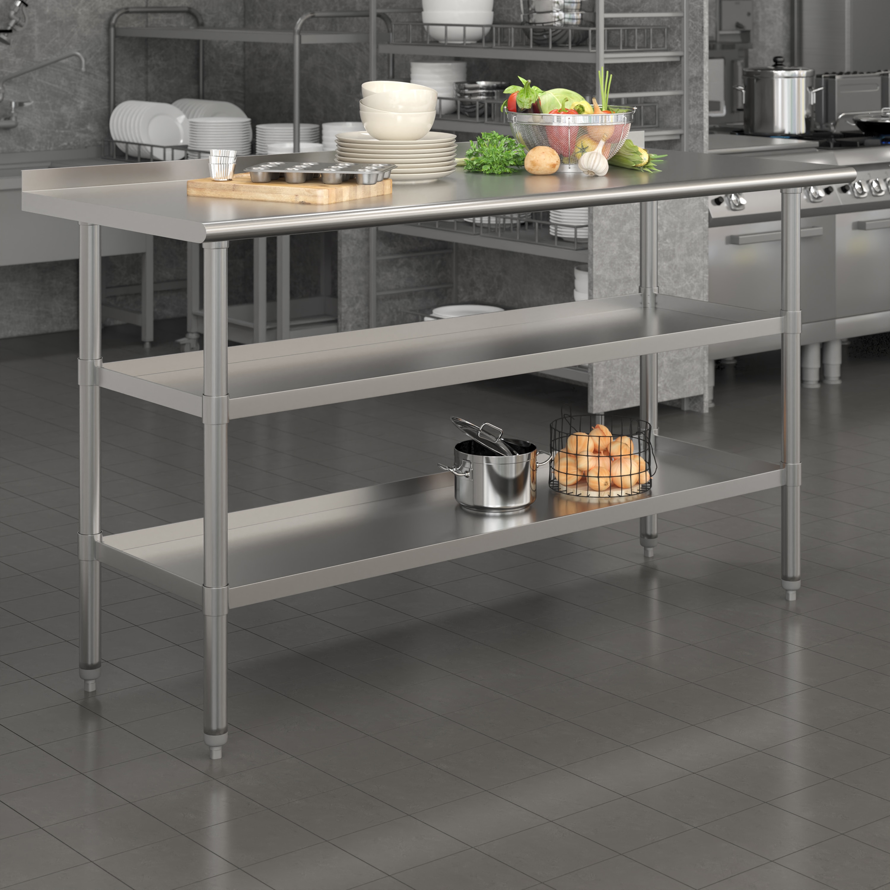 Silver Stainless Steel Kitchen Work Table with Adjustable Shelves