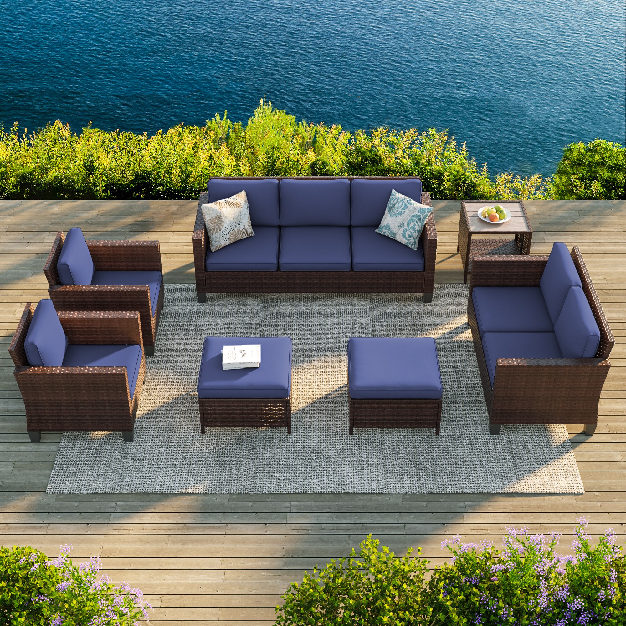 Sonkuki SD-PS-115BNY-S3T3 Patio Conversation Set 7 -Piece Wicker Patio Sofa Conversation Set with Navy Cushions