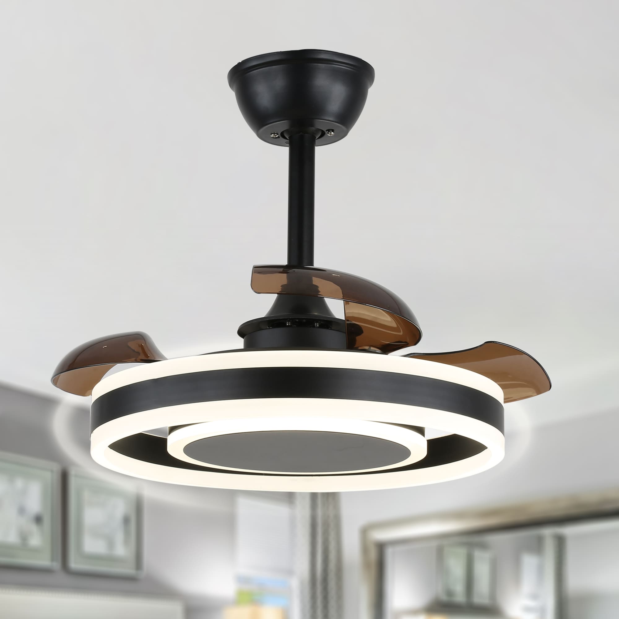22-Inch Black Modern Ceiling Fan with Clear Blades and LED Light