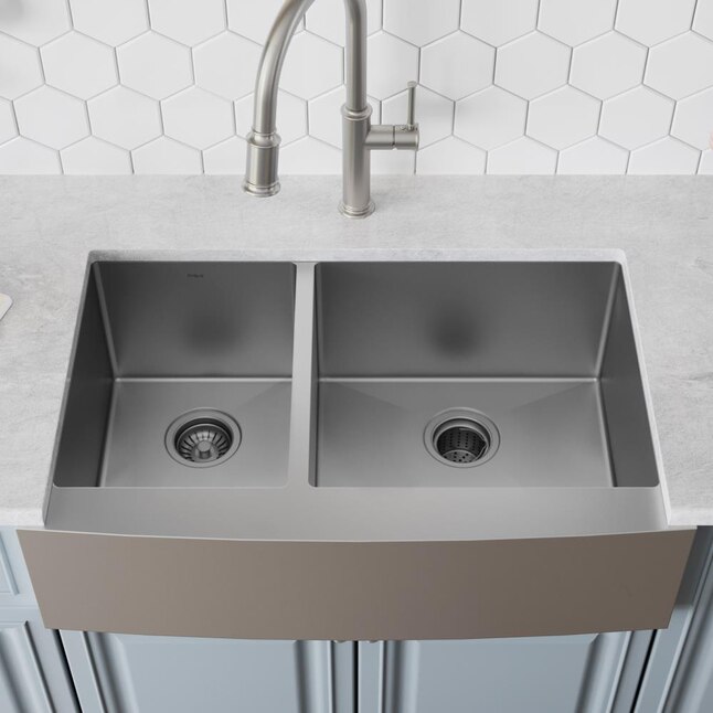 Kraus Standart Pro Farmhouse A Front 33 In X 21 Stainless Steel Double Offset Bowl Kitchen Sink The Sinks Department At Com Kitchen Sink In The Sinks, Kraus Farmhouse Sink Installation