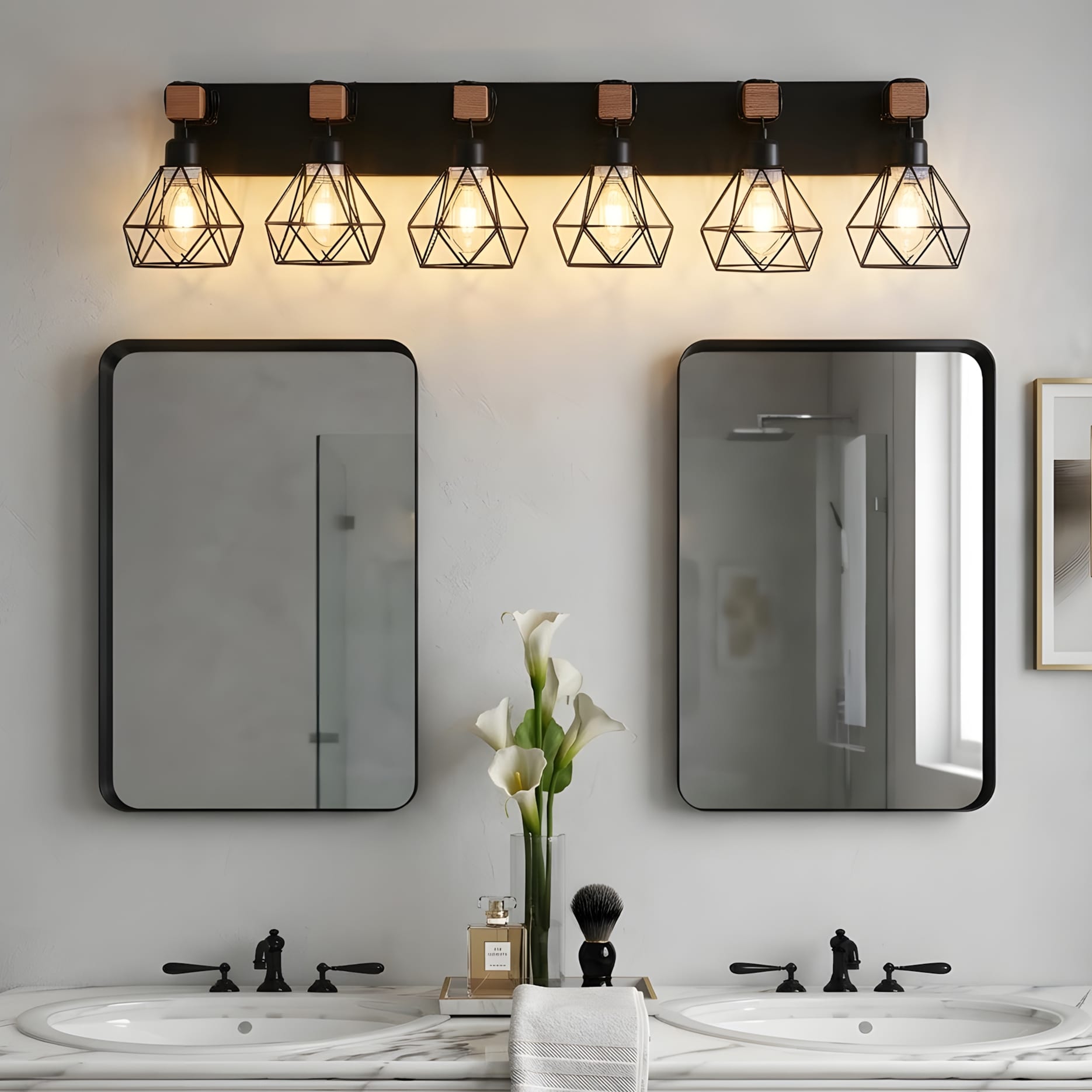 RCCFBHM - 38-in 6-Light Modern Geometric Vanity Light with Wood Accents and Cage Shade