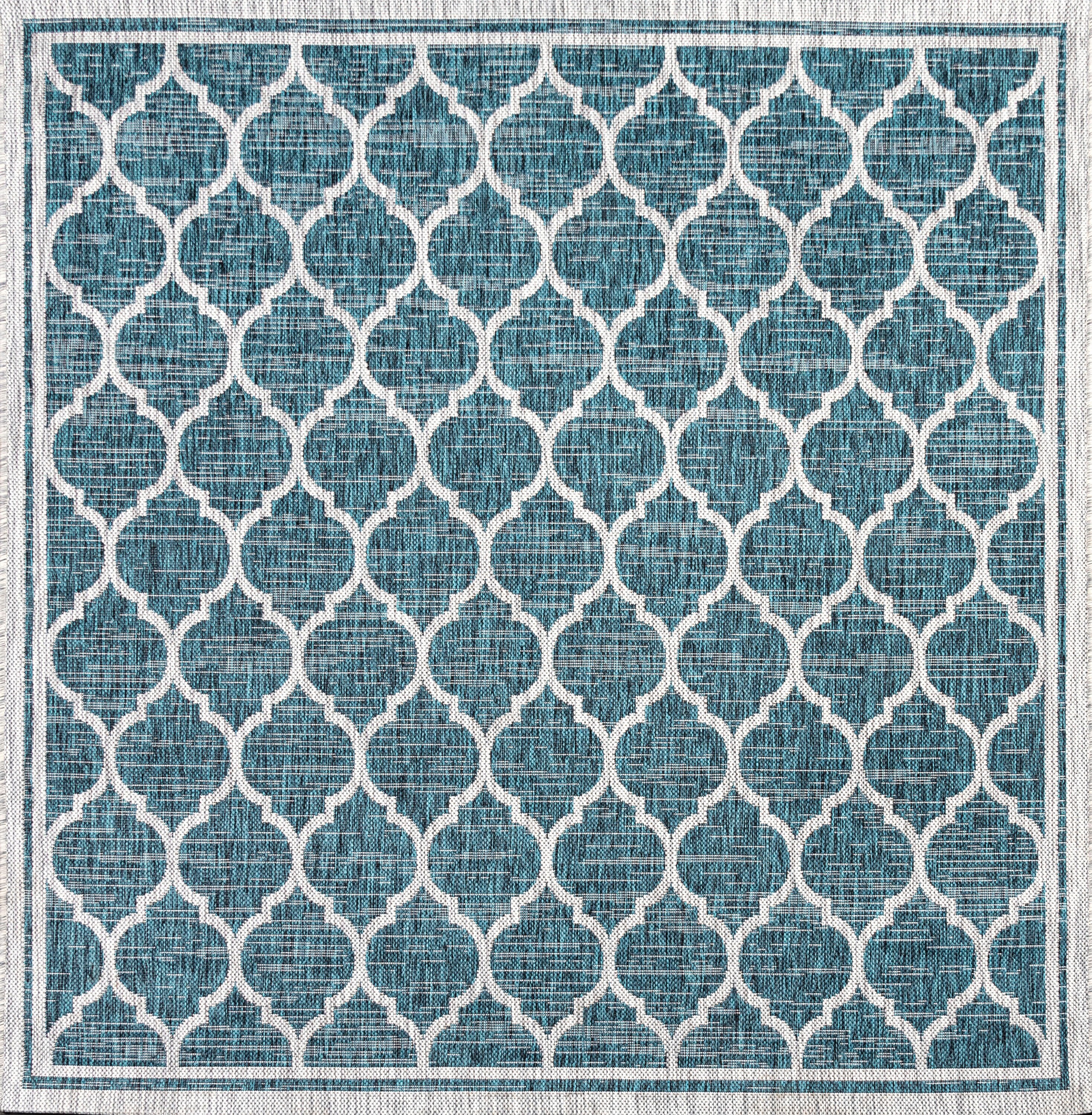 Moroccan Trellis Square Indoor/Outdoor Rug in Teal/Gray