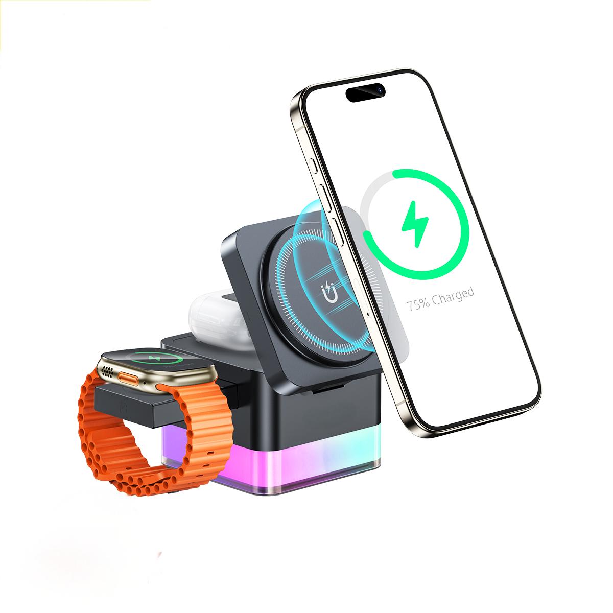 Fenbeli 3-in-1 Magnetic Wireless Charging Station with Pop-Up Apple Watch Charger and Night Light