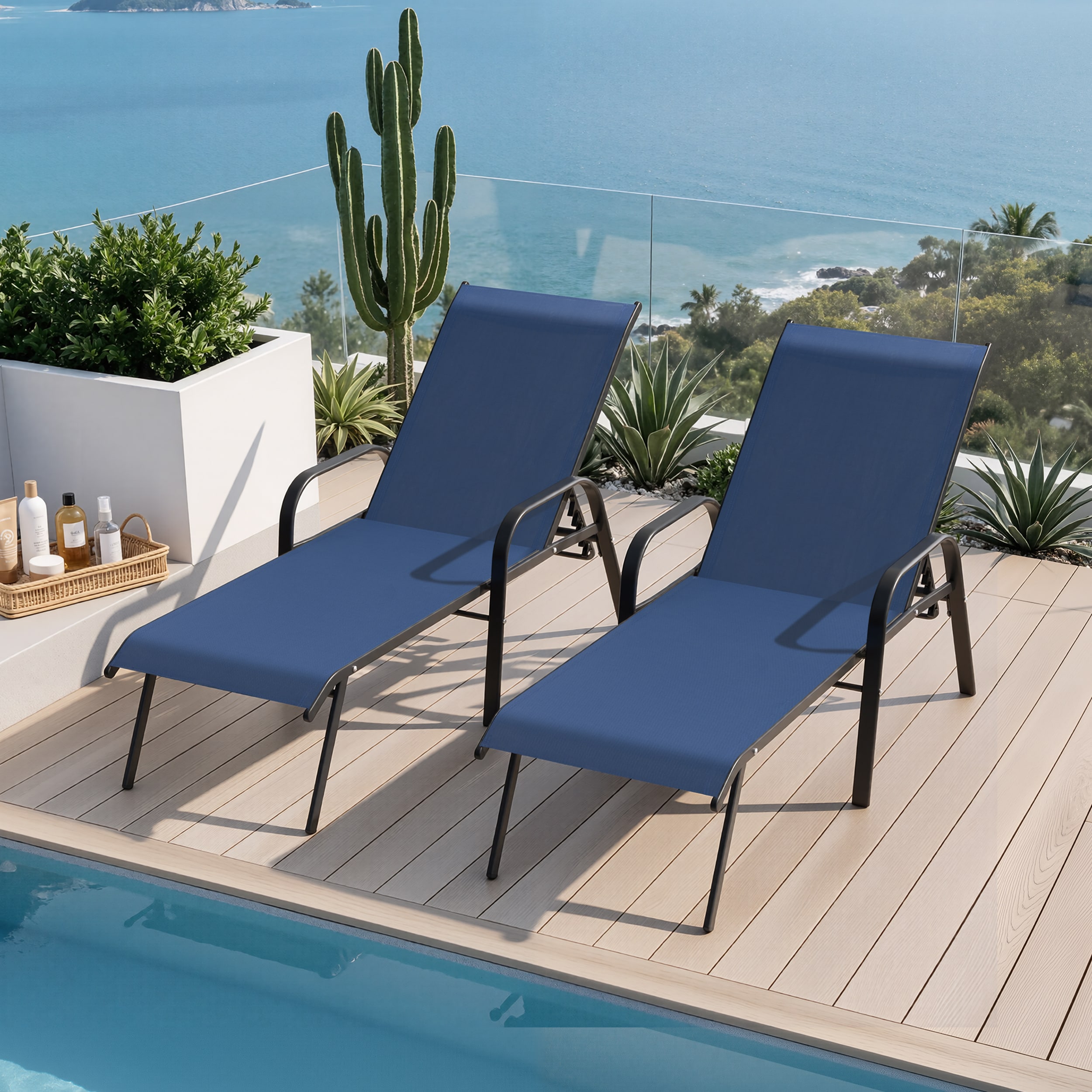 Crestlive Products - Set of 2 Black Steel Frame Stationary Chaise Lounge Chair with Navy Textilen...