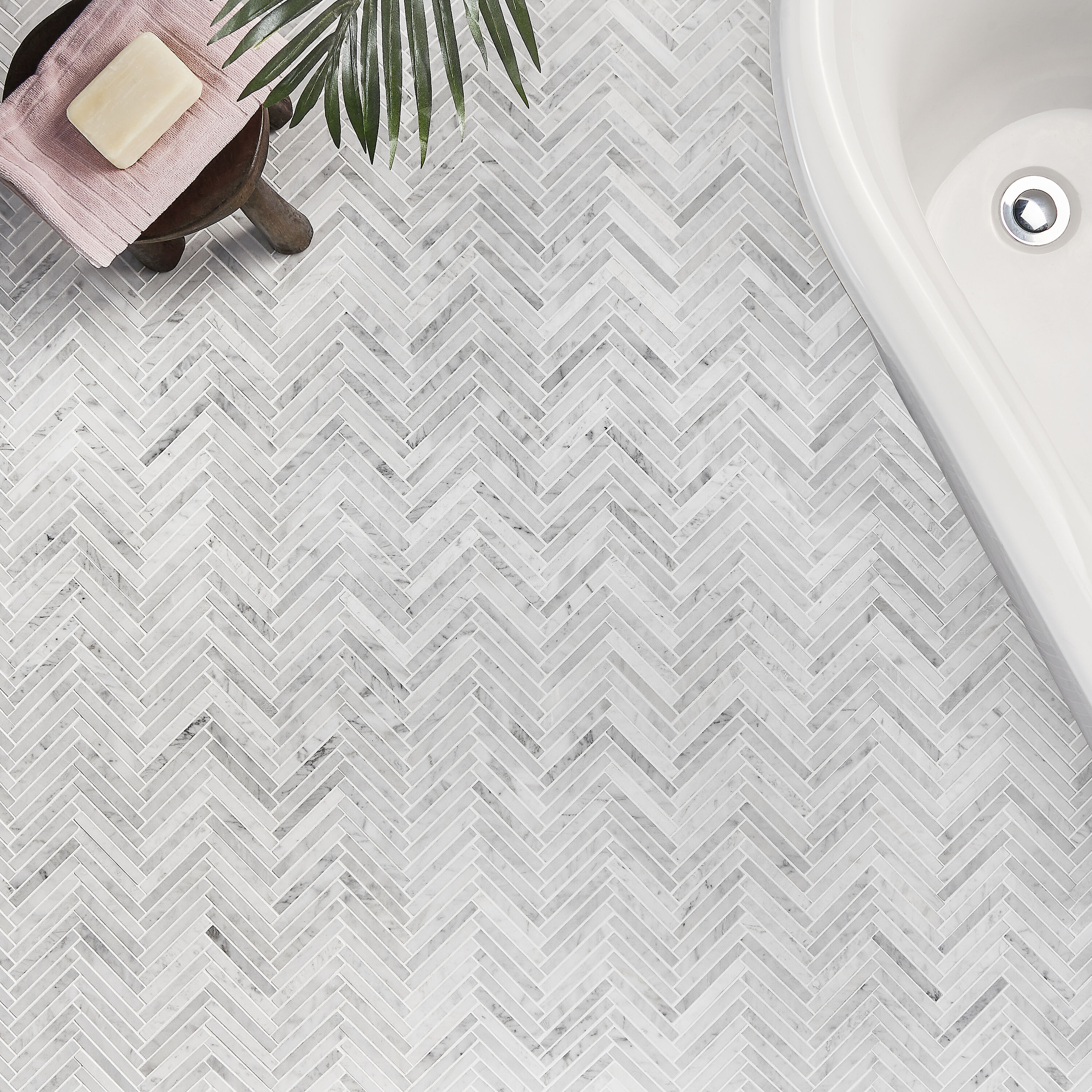 Carrara White Polished Marble Herringbone Mosaic Tile