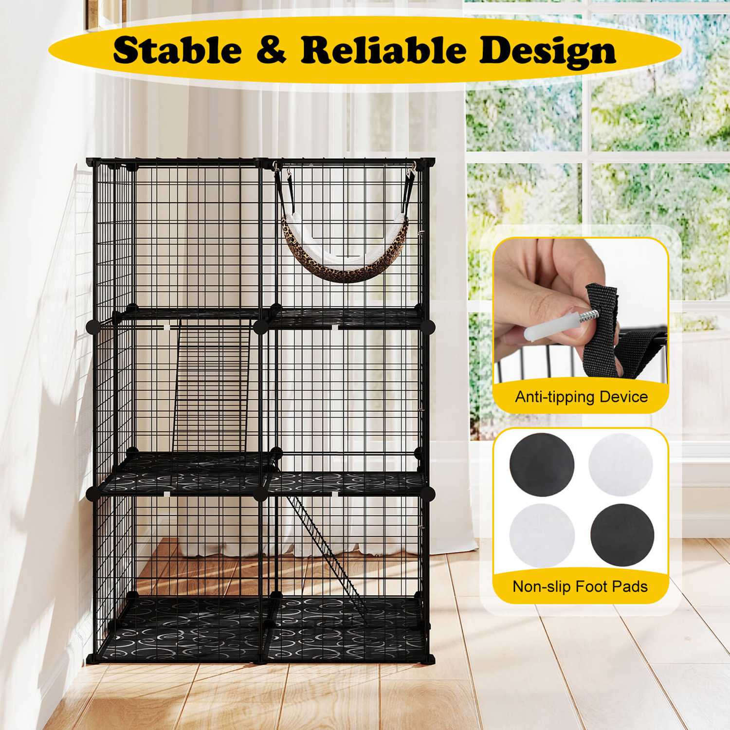 Costway 3 Tier Cat Enclosure with Comfy Hammock 2 Ladders 3 Doors