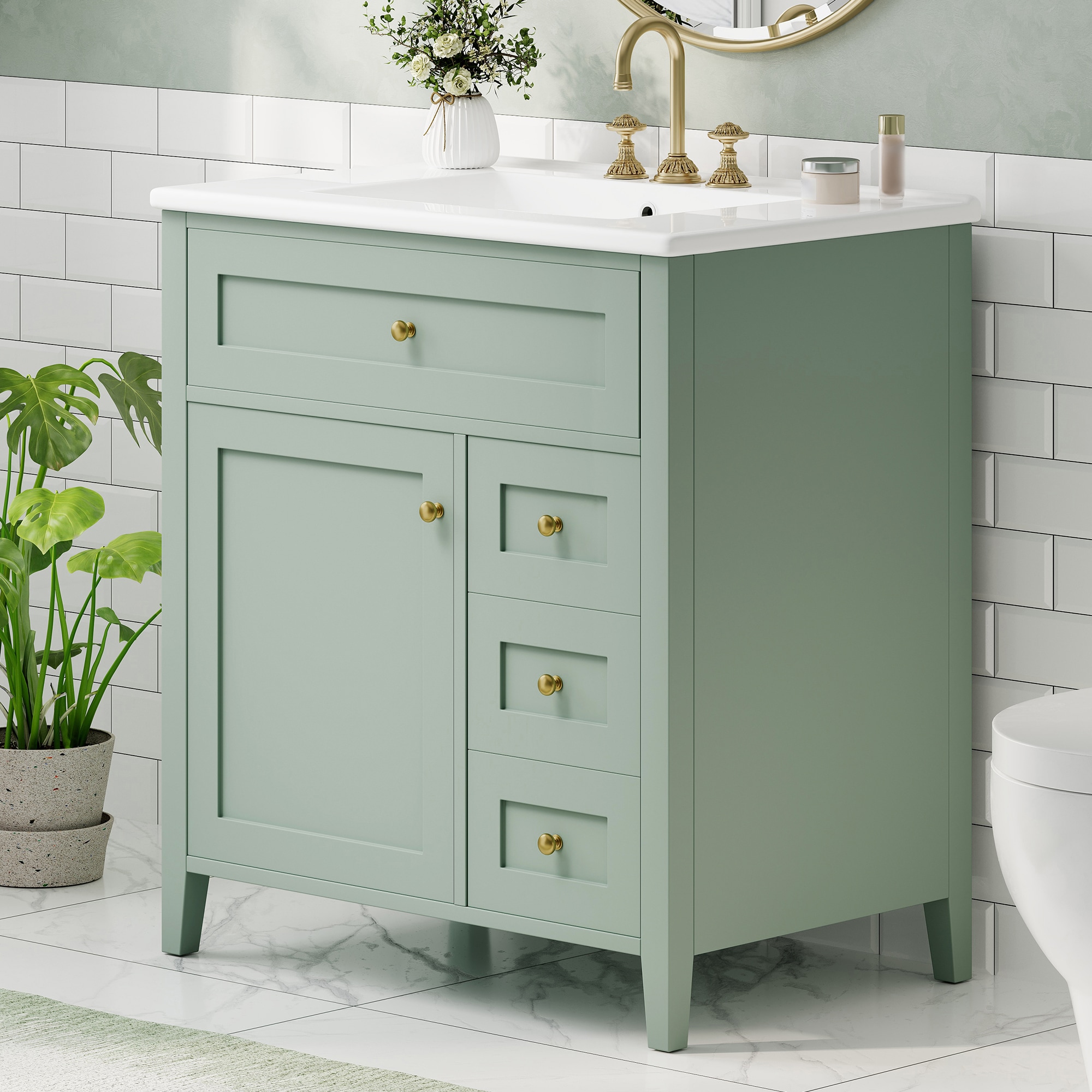 MooxvMoo 30-in Bathroom Vanity with Sink 3 Drawers Adjustable Shelf MDF Rubberwood Freestanding Left Door for Bathroom Storage Organization Home (Green)
