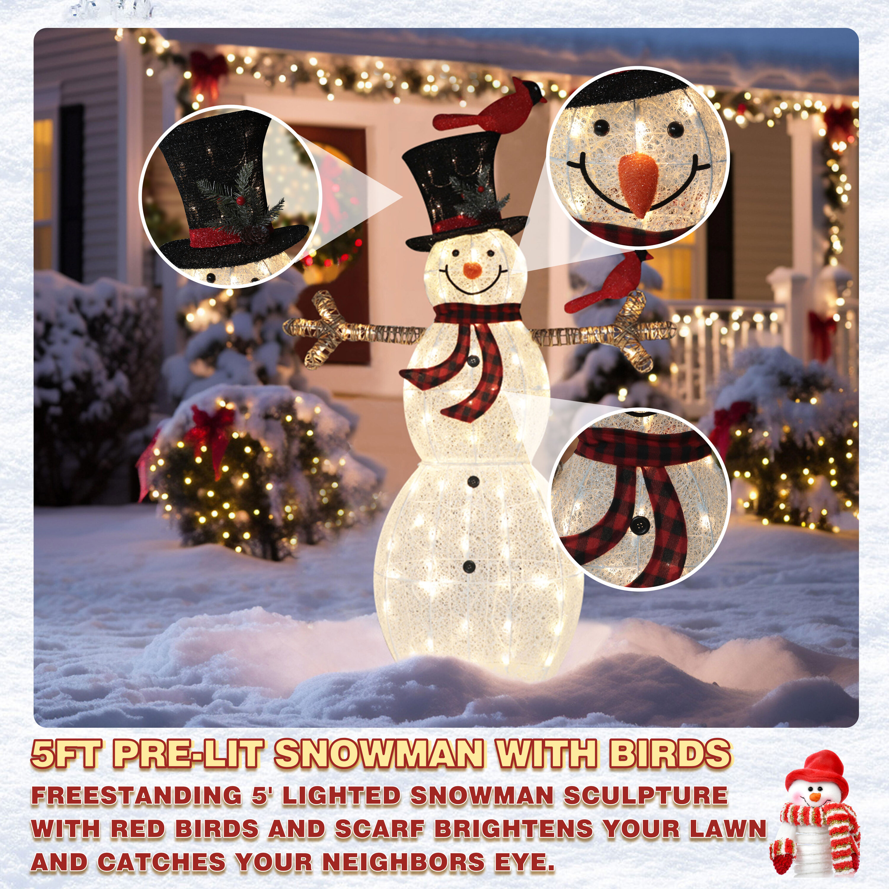 VEIKOUS 59.2-in Snowman Free Standing Decoration with Clear LED 