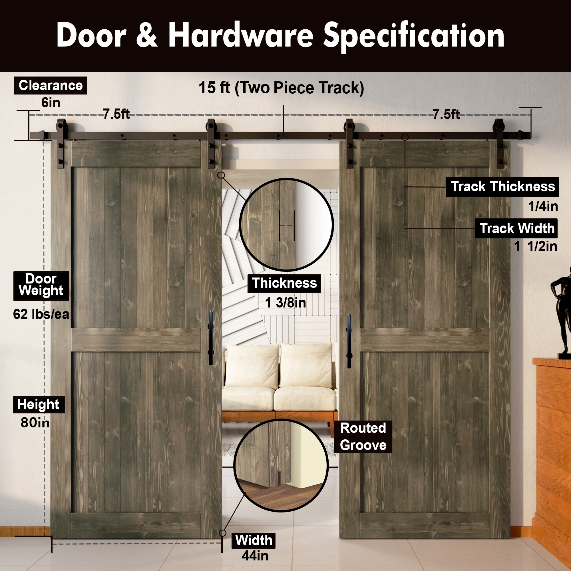 HOMACER YT2TGH180C-4480F-GR Barn-Doors - View #2