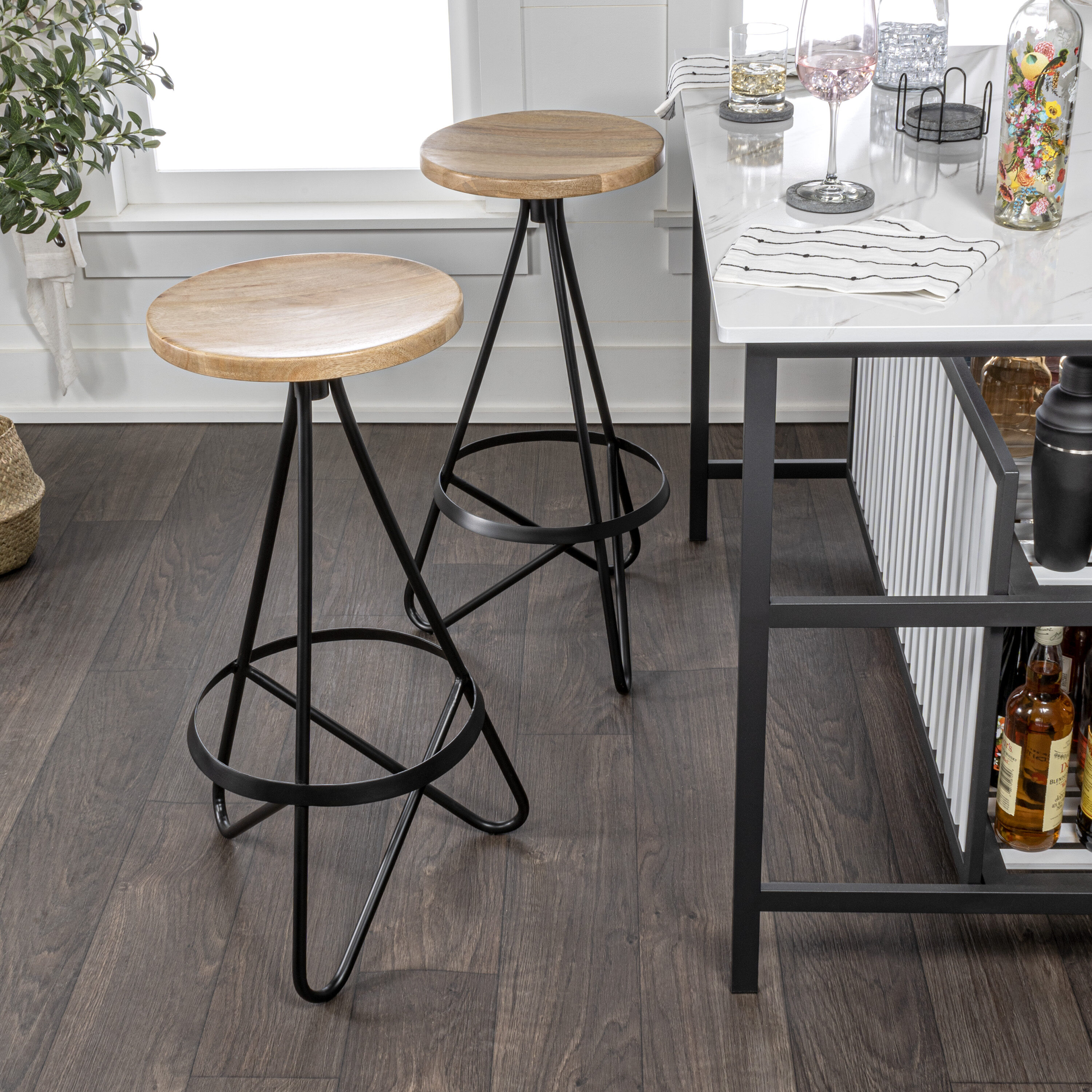 Natural Wood and Black Metal Backless Bar Stool