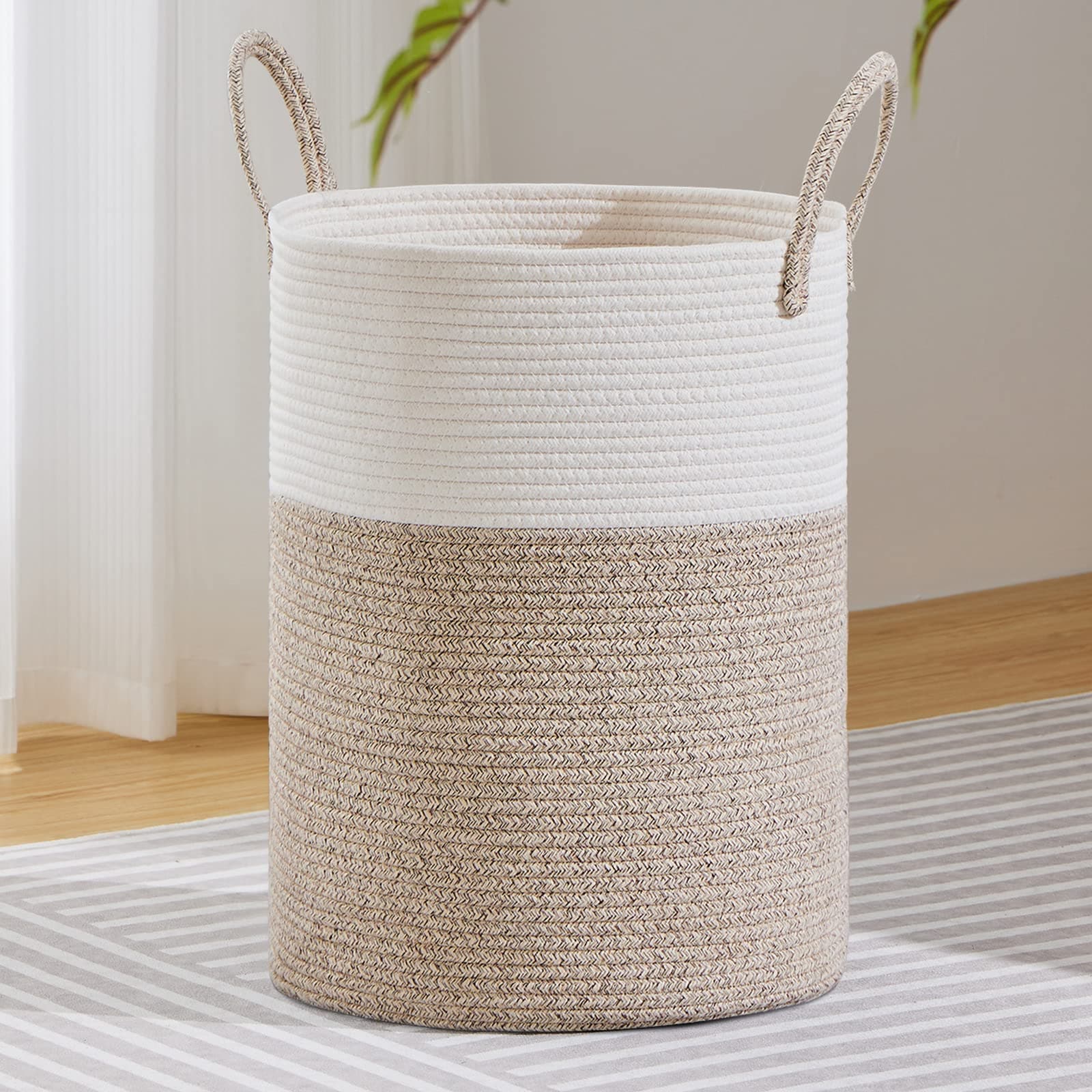 Linder Group Inc Large Laundry Hamper Tall Woven Cotton Rope Storage Basket 100L White Brown Organizer for Blankets Toys Dirty Clothes Bedroom Bathroom Living