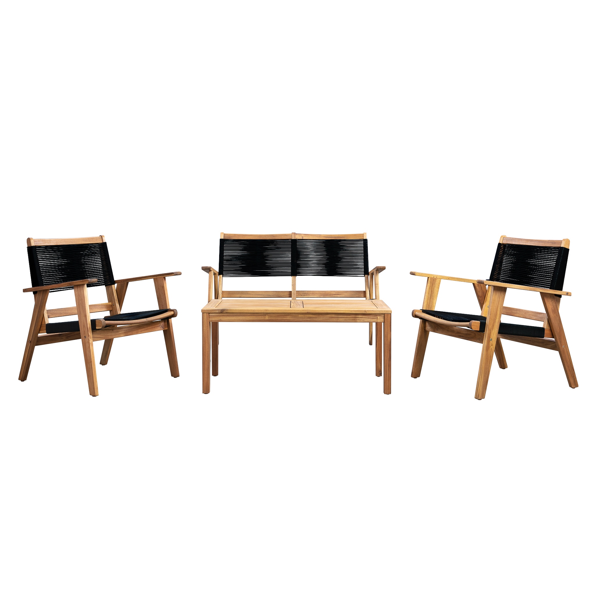 Kingsmen Solid Acacia Wood Outdoor Lounge Chair with Black Cordage Seat