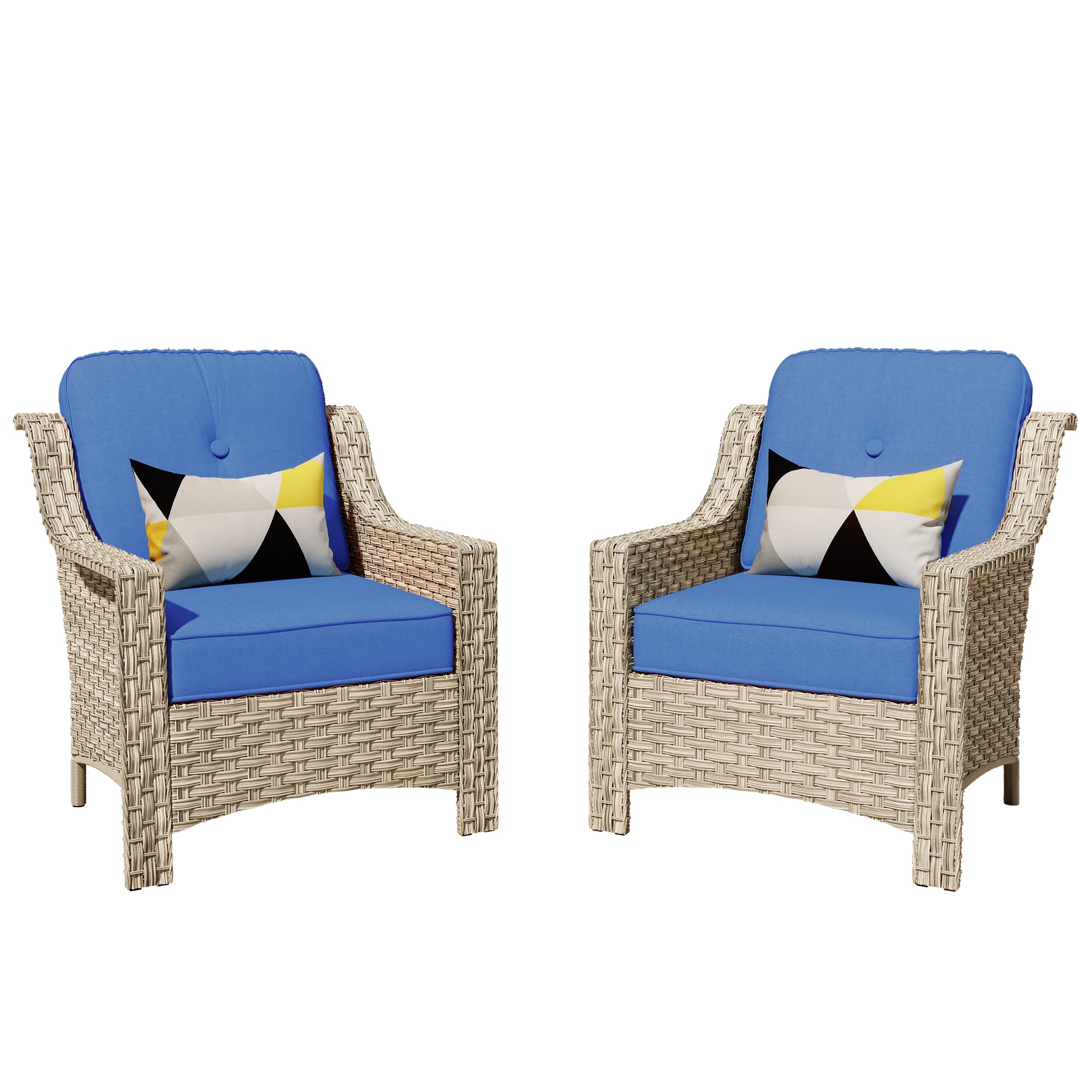 Pouuin SFYT300 Set of 2 Wicker Gray Metal Frame Stationary Conversation Chair with Blue Cushioned Seat