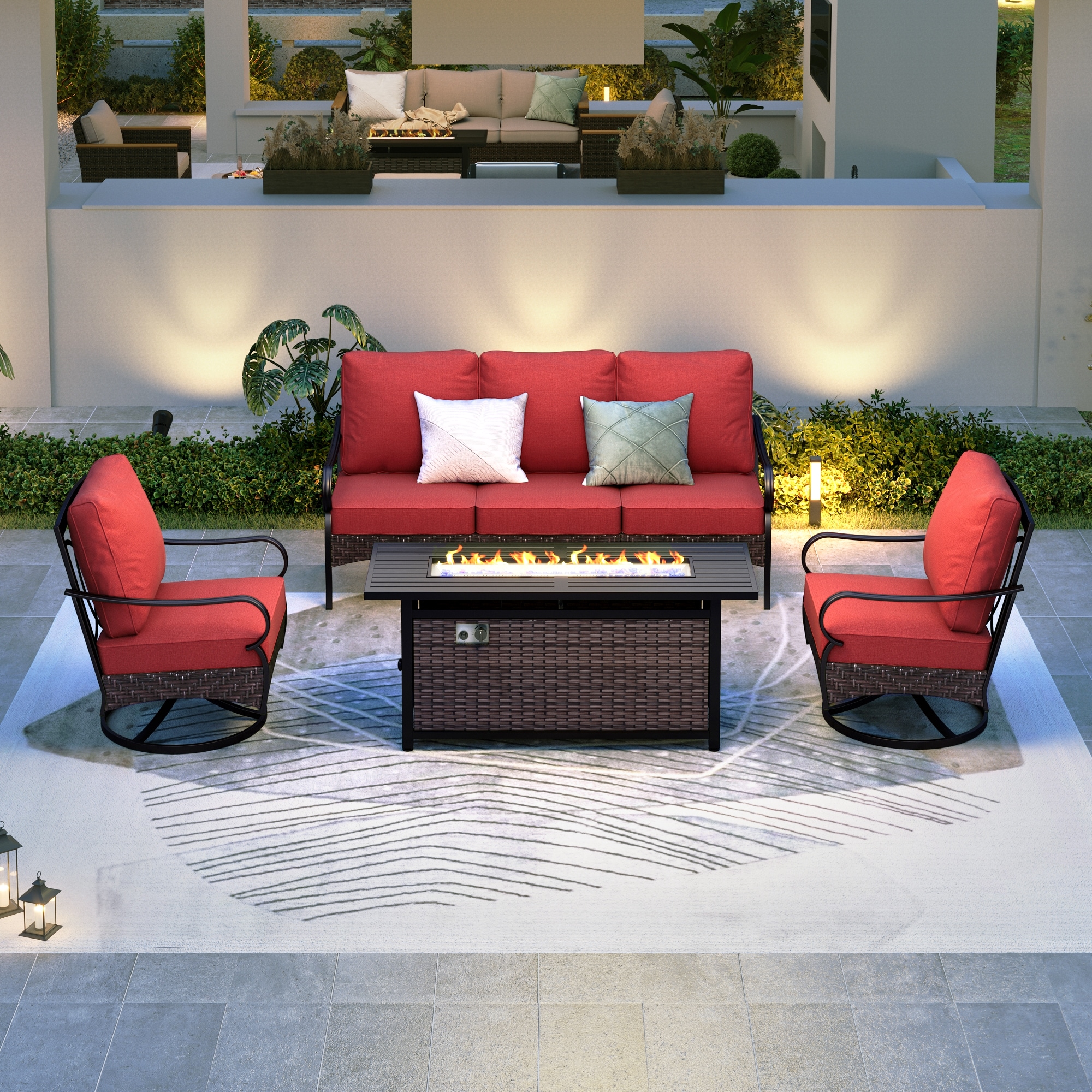 Sunshine Valley CR001-09-5-GS103-RD Patio Furniture Set with Fire Pit 4 -Piece Wicker Patio Sofa Conversation Set with Red CUSHION PRO Cushions