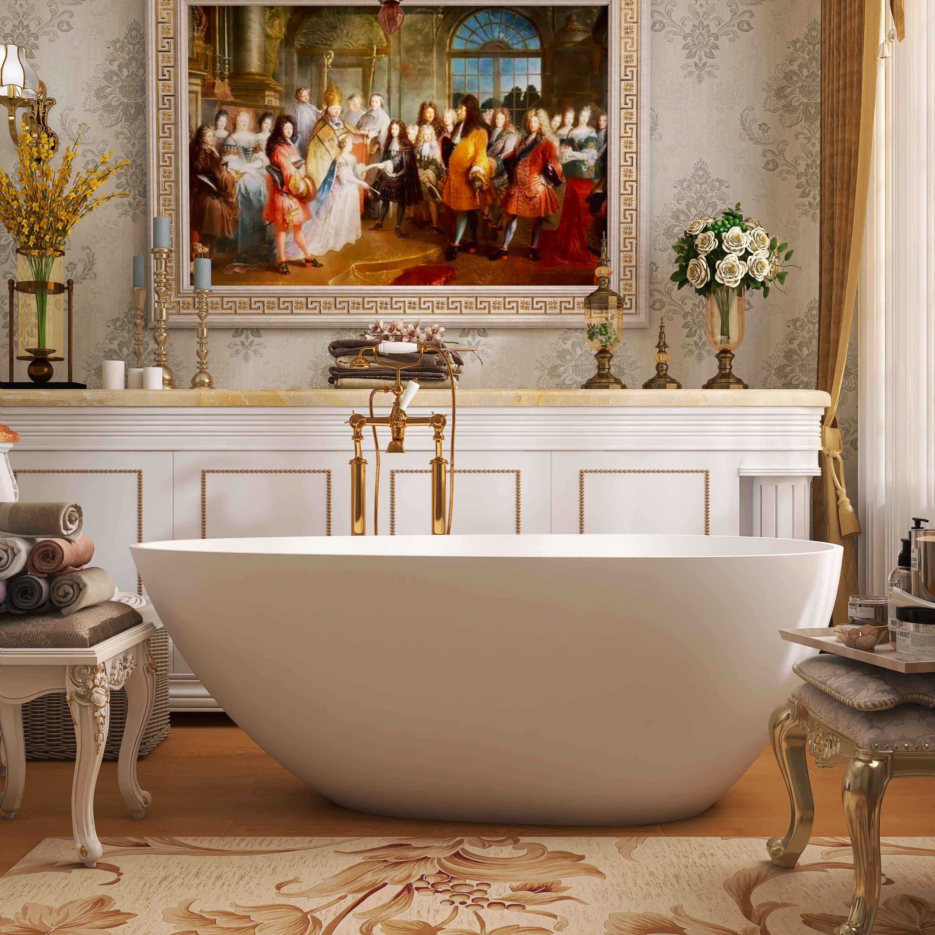 POCCI Freestanding Tub Solid Surface Stone Resin Soaking Bathtub