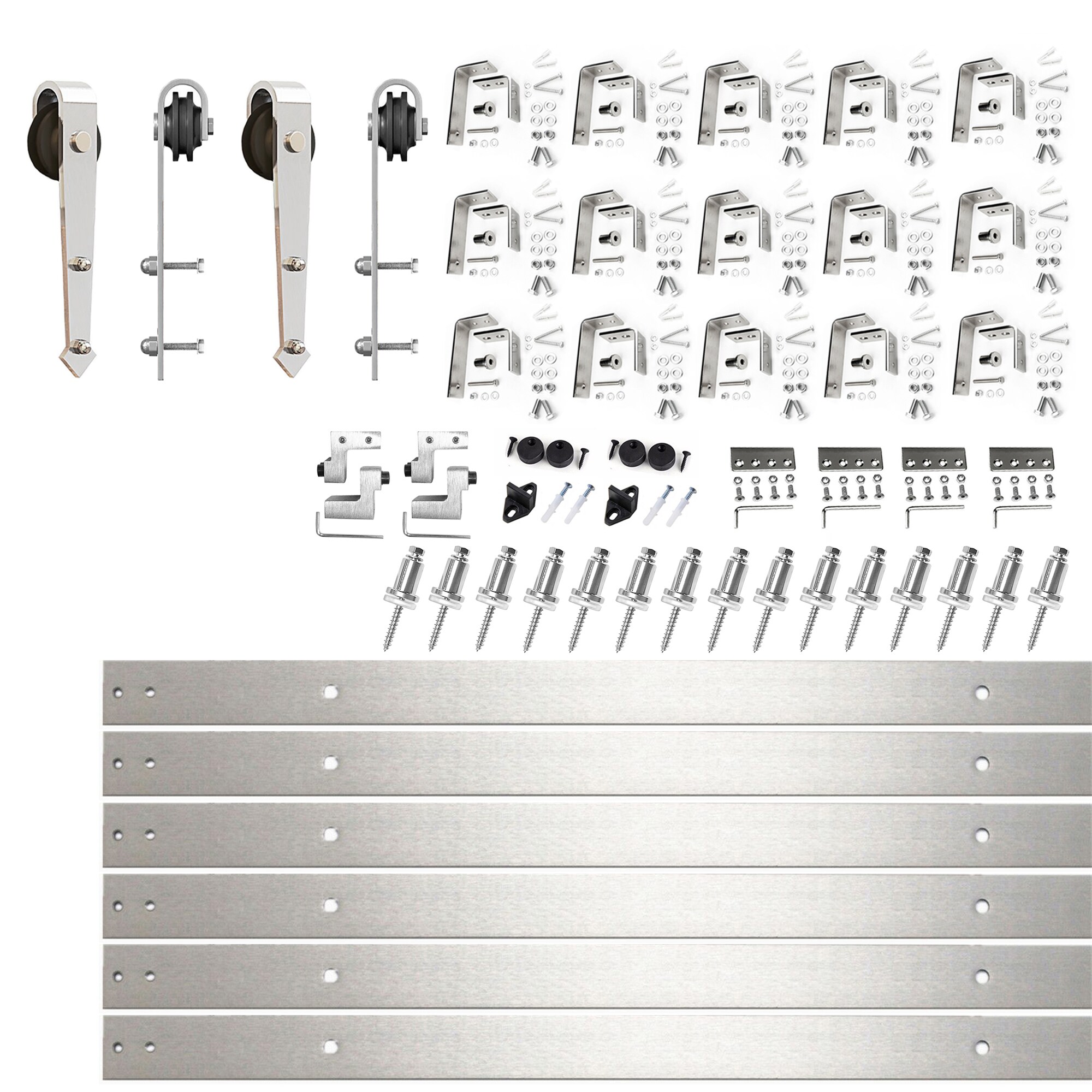 HOMACER JT4DNZ240C 240-in Brushed Brushed Nickel Indoor Arrow Double bypass Barn door hardware kit