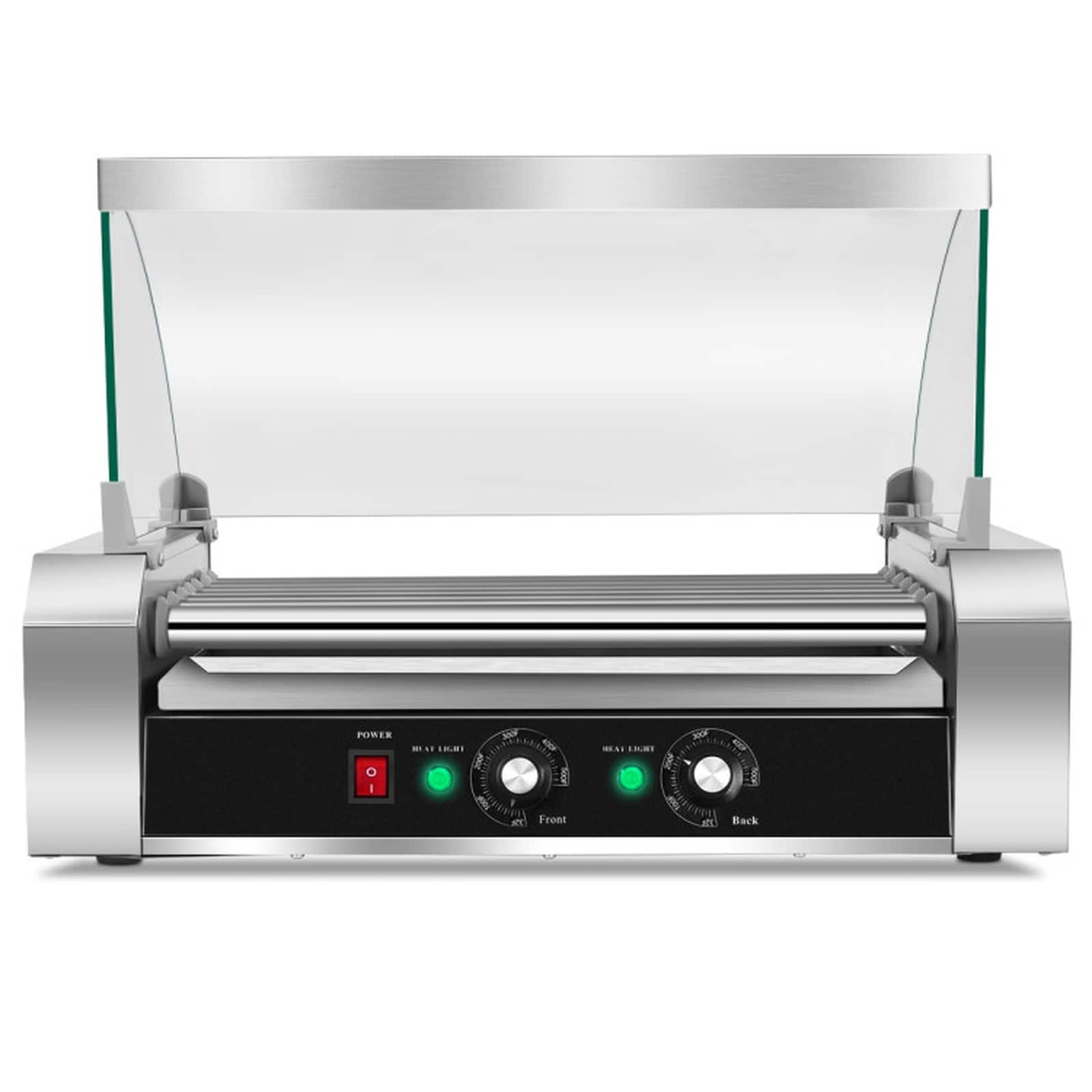 SUGIFT LW047SUGHY038 18 Hot Dog Roller Grill with 7 Non-Stick Stainless Steel Rollers 360-Degree Rotation Adjustable Temperature Control Toughened Glass Hood Removable Drip Tray Skid-Proof Rubber Base 1050-W Countertop Hot Dog Machine for Concession Stands Ball Games