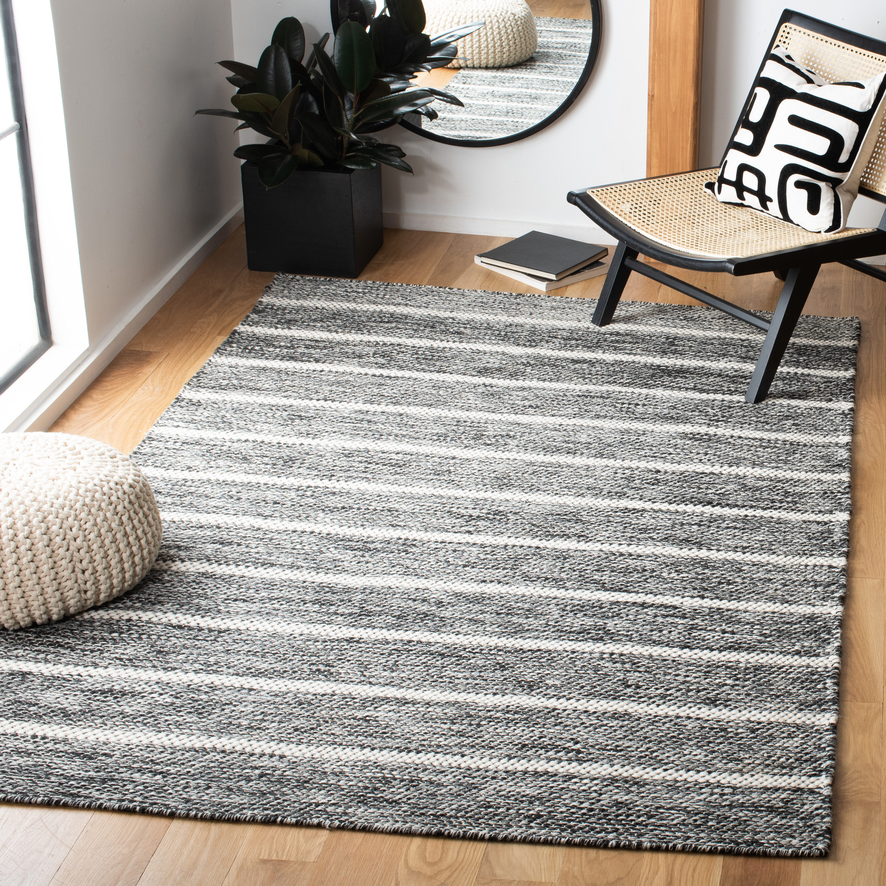 Handmade Black and Ivory Wool Striped 9' x 12' Area Rug