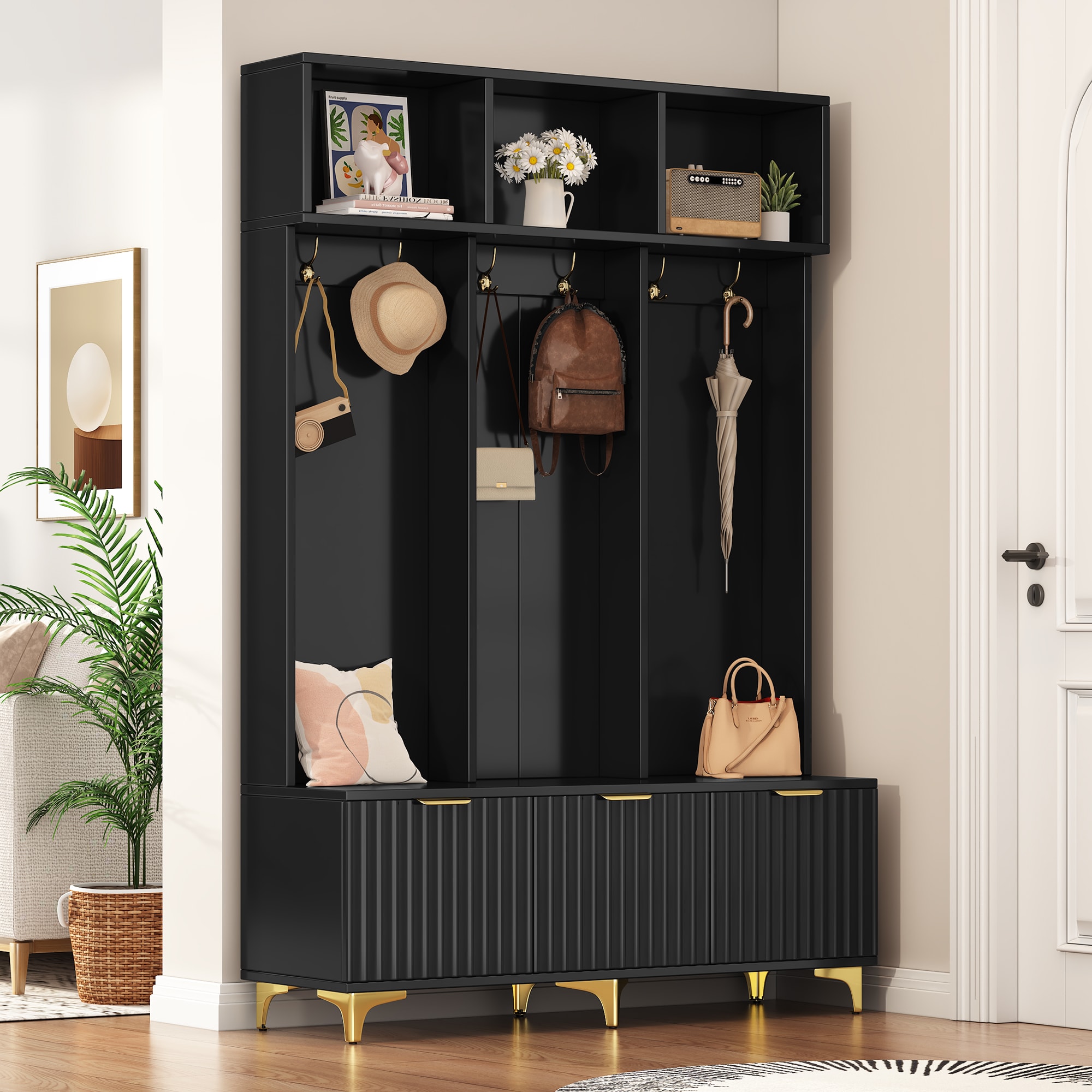 JANSNO HT-CR-16 Modern 49.6 Black Wood Hall Tree