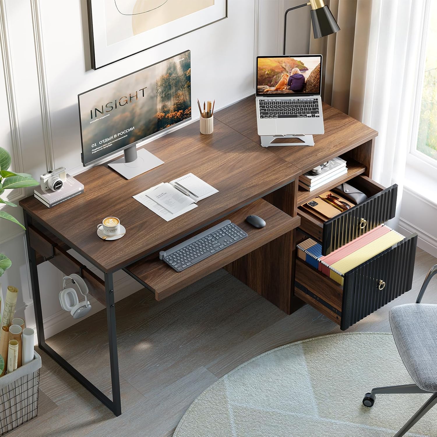 Bestier 55.12-in W 2-Drawer Walnut Computer Desk with Keyboard Tray #LOW-H104614P-WALT