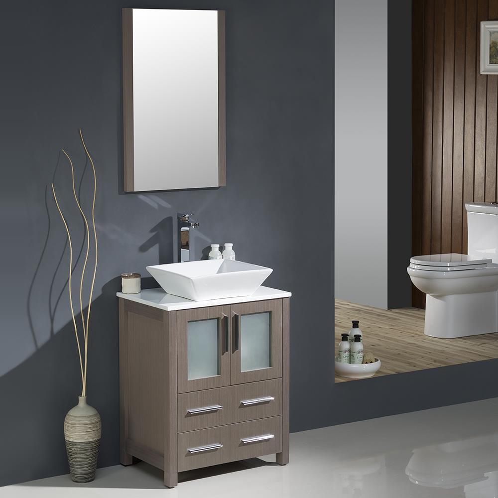 24" Gray Oak Modern Freestanding Vanity Set with Vessel Sink & Mirror