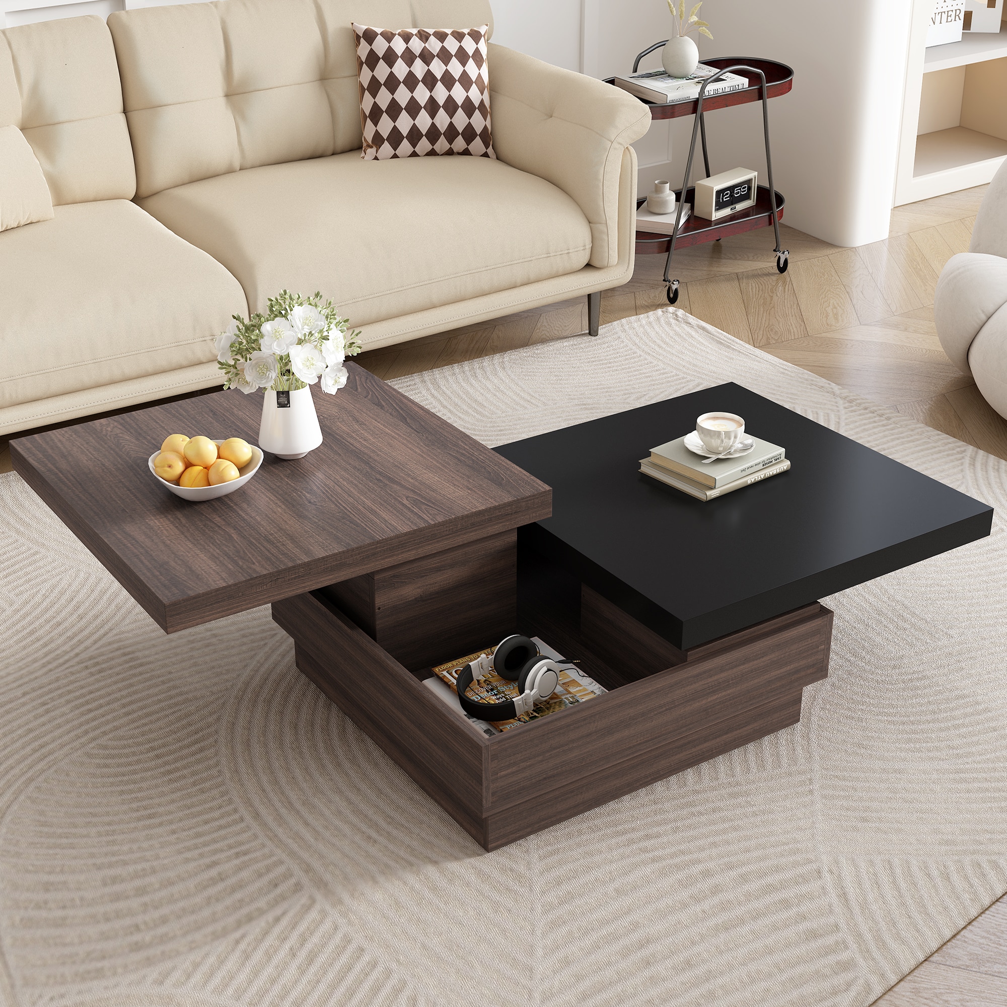 ModernLuxe L3P-N724P195145B Rotatable Top Coffee Table Modern Square Coffee Table with Wood Grain Design 1 Hidden Storage Space for Living Room BlackBrown