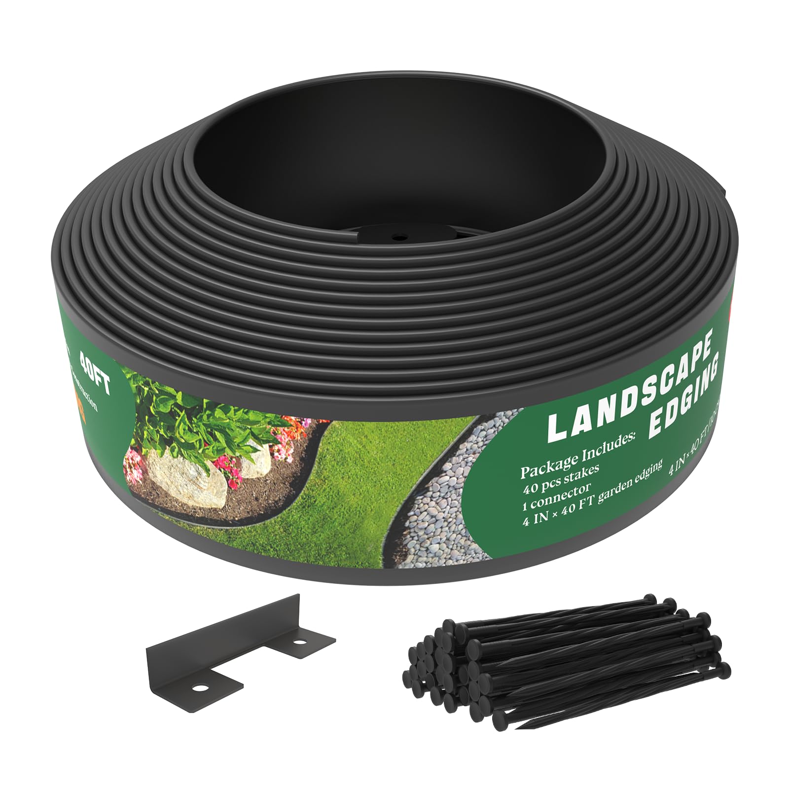 ITOPFOX  Landscape Edging 4 Inch Tall 40 Foot Garden Border with 40 Anchoring Spikes Flexible Plastic Edging for Lawn Flower Bed Yard Black