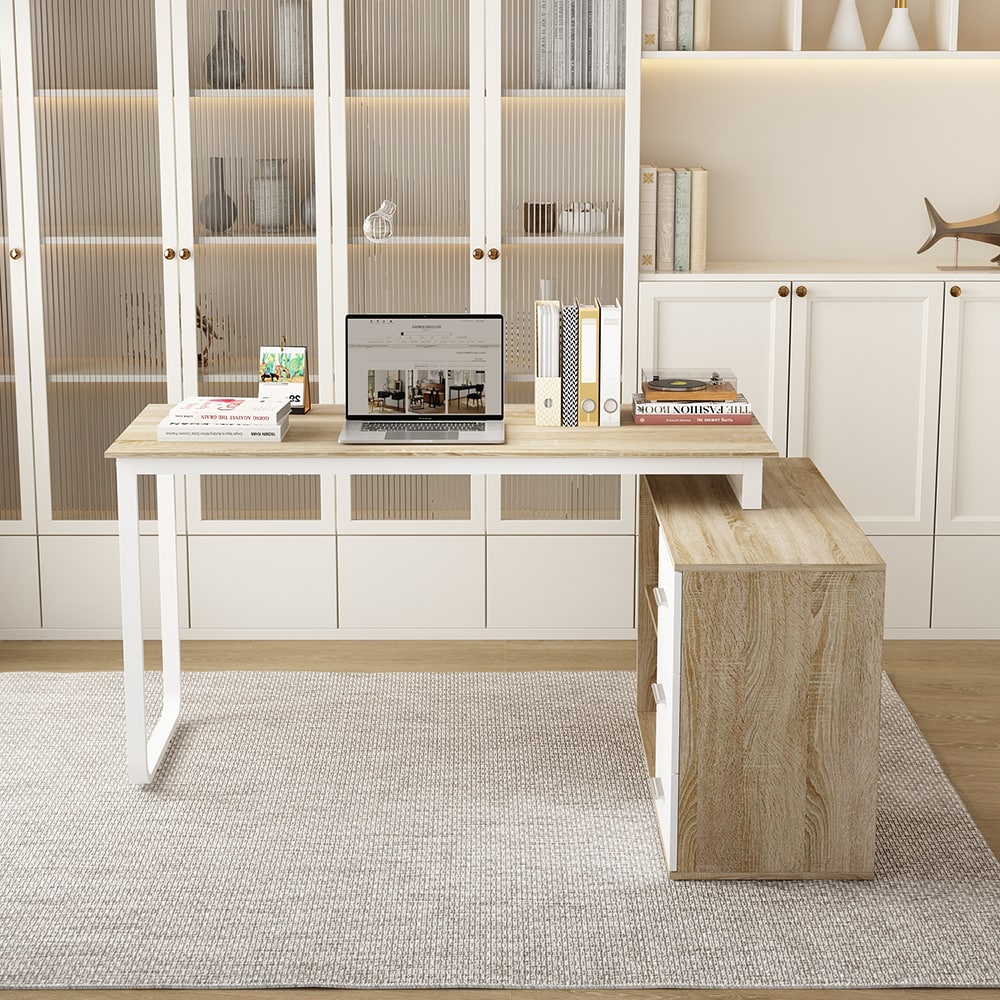 Homsee V-KF210290-01 Modern L Shaped Corner Executive Desk in Light Oak and White Finish with Spacious Drawers Open Storage Shelves and Scratch Resistant Surface – Home Office or Study Workstation