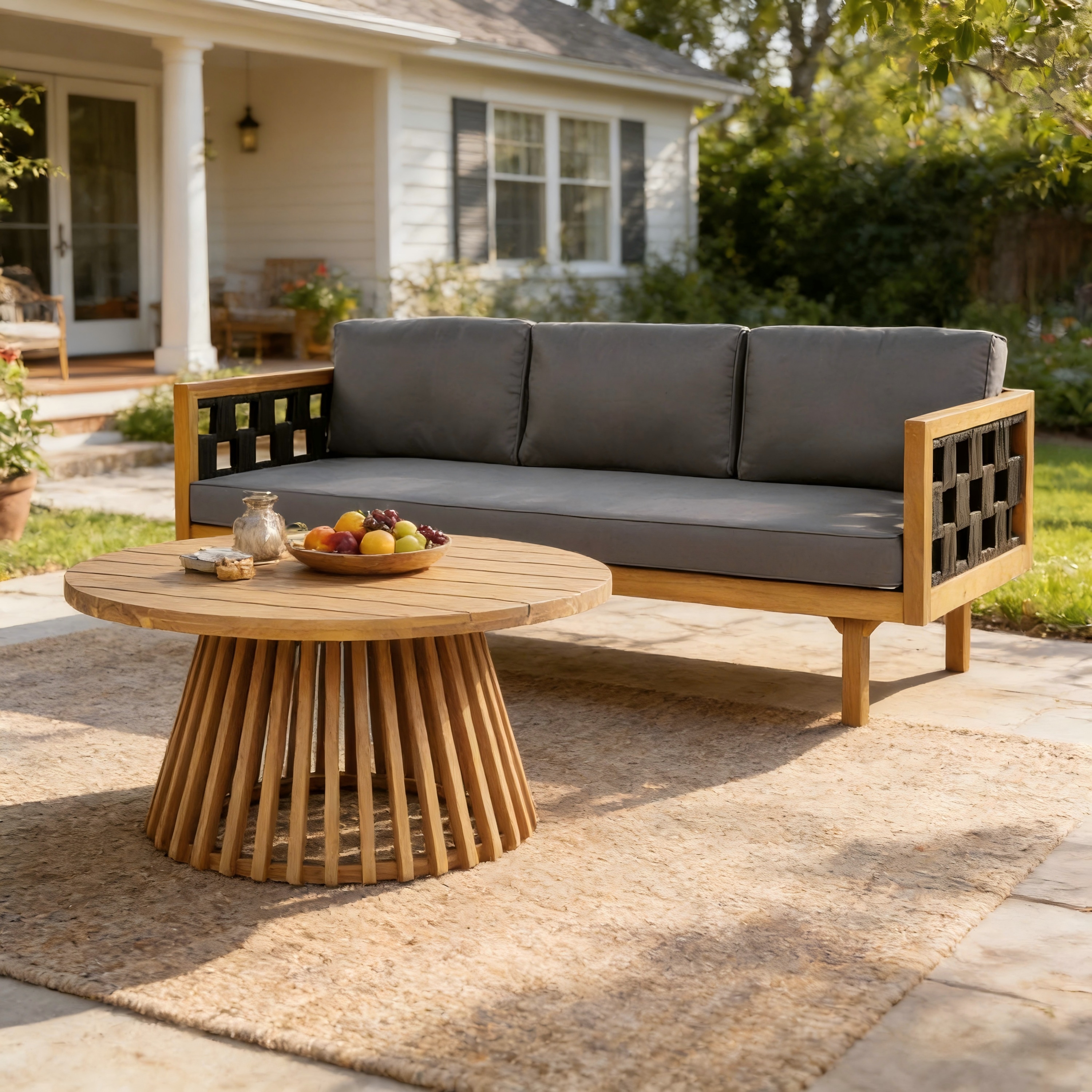 Christopher Knight Home Claremon Outdoor 2-Piece Acacia Wood 3-Seater Daybed and Round Coffee Table Set with Handwoven Rope Design - Dark Grey+Black+Teak Finish
