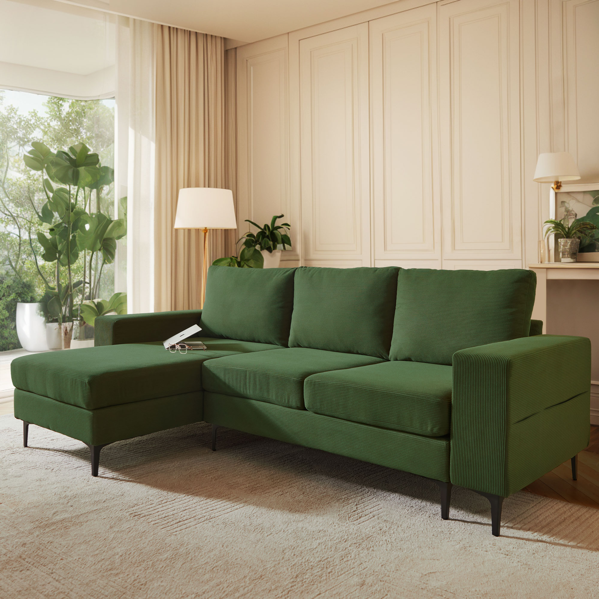 weaxty DCDCO2L660 96.85-in Modern Atrovirens Corduroy Sofa