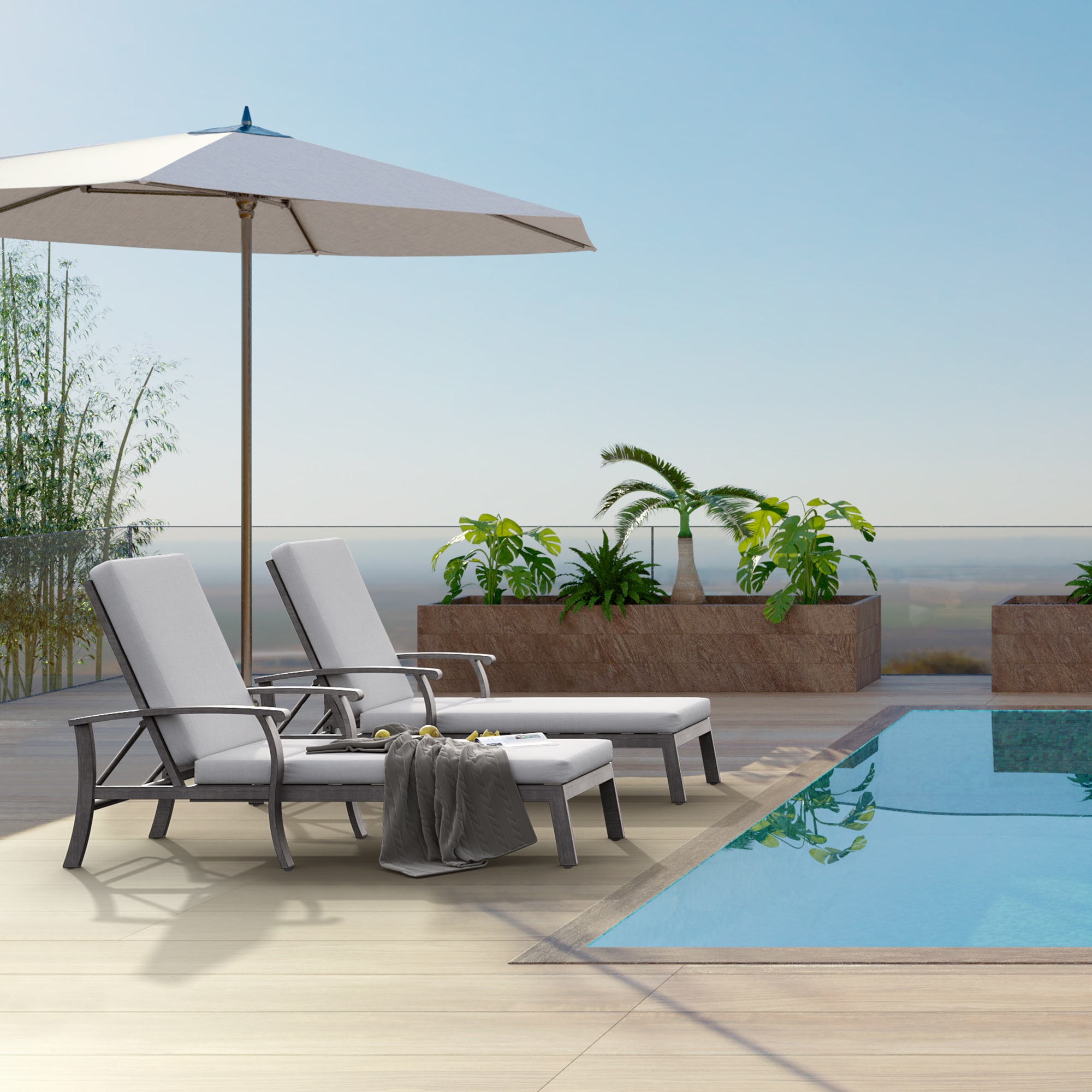 Gray Aluminum Frame Outdoor Chaise Lounge with Cushions, Set of 2