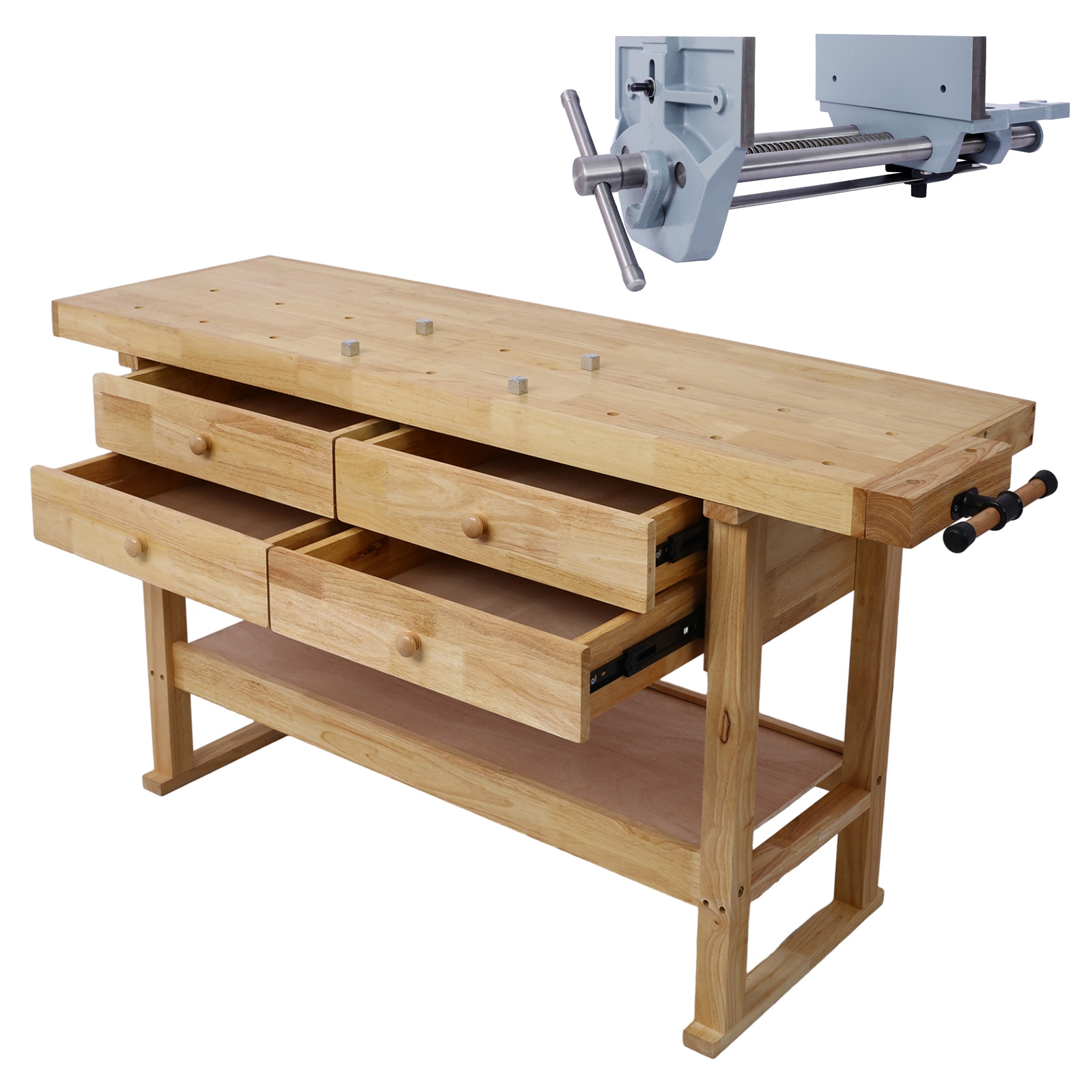 Tatayosi JJS00123 60in Workbench with 4 Drawers Wooden Workbench for Garage Workshop and Home with Rapid Action Woodworking Vise 9 Inch Jaw Width Made with Heavy-Duty Cast Iron GRAY
