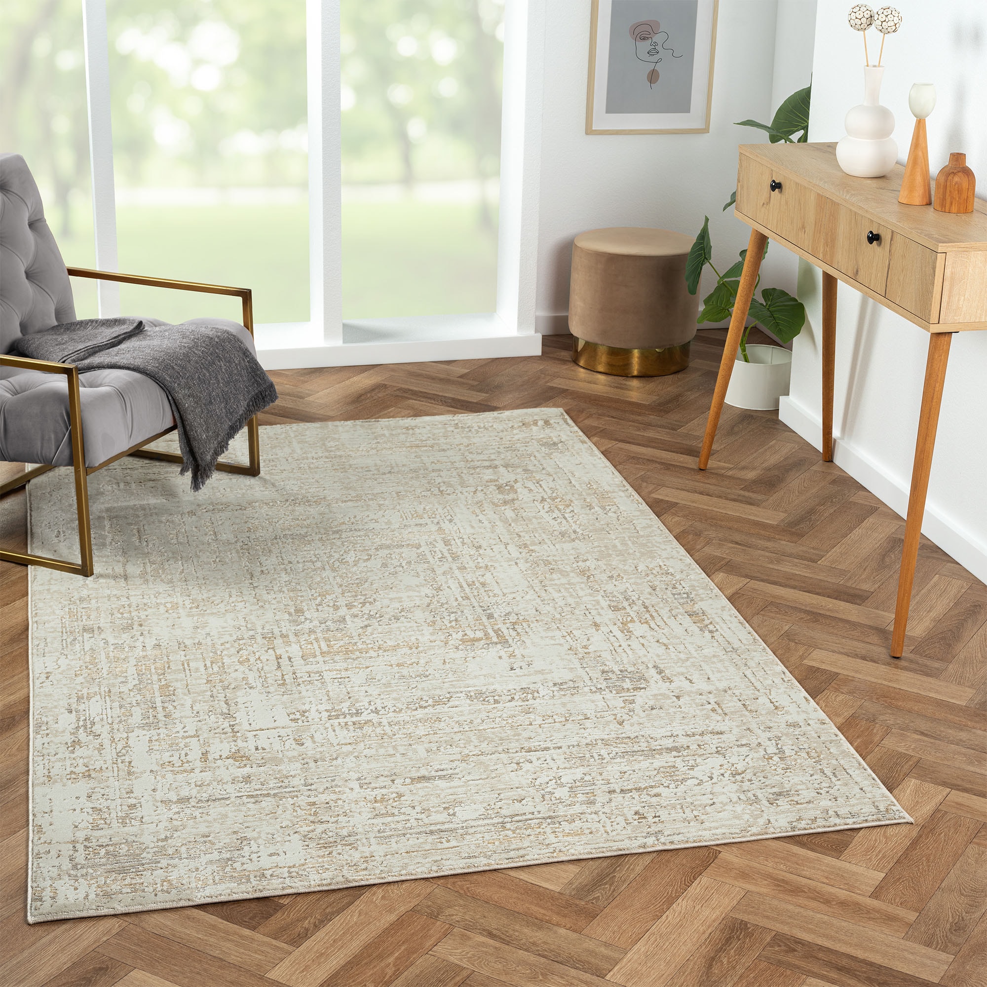 LR Home 8526A2590304J8 Sydney 10 x 14 (ft) Loomed Polyester/Polypropylene Beige/Gray Rectangular Indoor Abstract Area rug